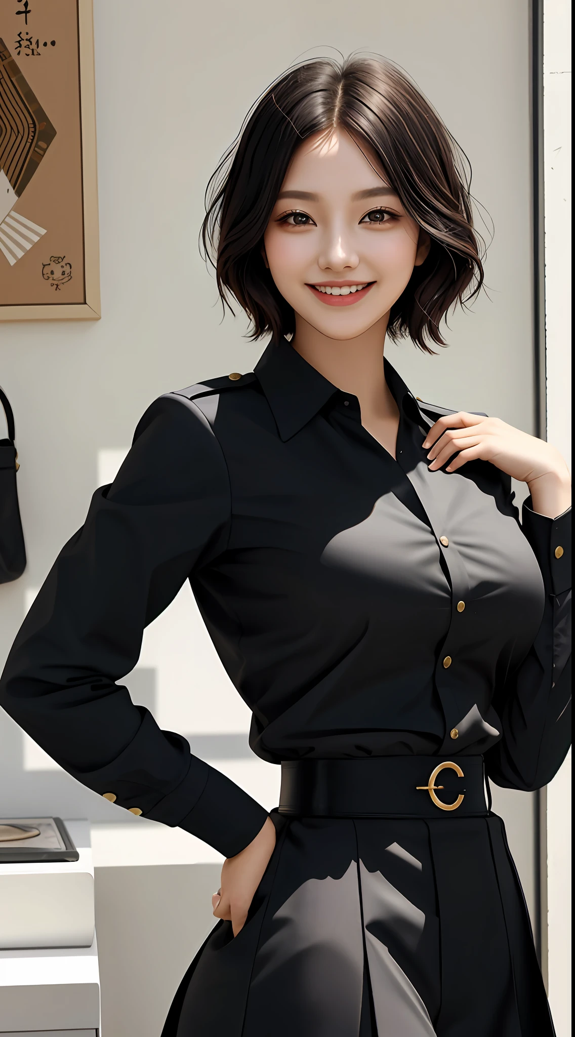 Girl, Single, Top Quality, Upper Body, Beautiful, Pretty, Radiant, Breast-Large, Short Hair, Masterpiece, Cat Eyes, Uniform, Black Hair, Big Ass, Smile