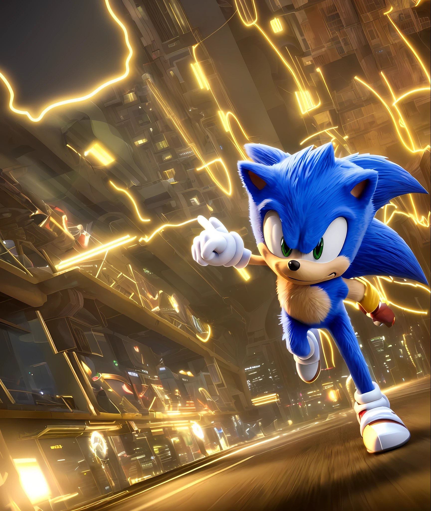 (artistically rendered and skillfully lit), outstanding (cg:1.2) artwork of Sonic the Hedgehog, 3D (game:1.2), best quality (award-winning), visually stunning and dynamic, breathtaking (lighting:1.2).