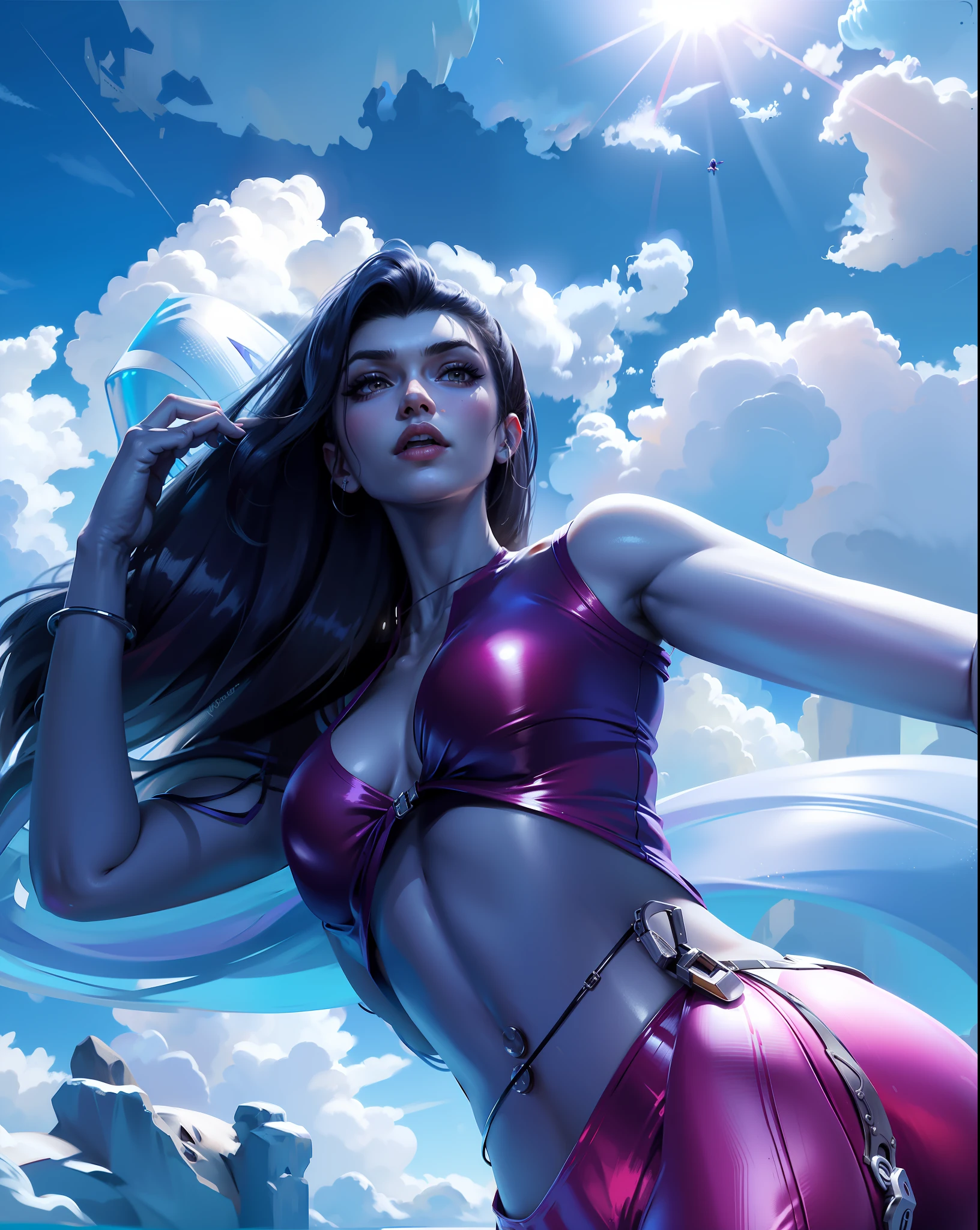 Widowmaker in a bikini posing in the air, perfect body, bottom angle, jaw dropping beauty, jaw-dropping beauty, 4 k, sexy girl, modeling photography