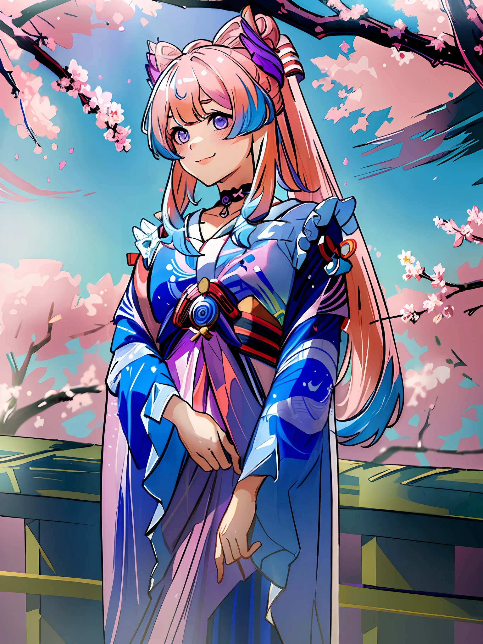(((masterpiece))),(((best quality))), ((ultra-detailed)), (best illustration), 1girl, solo, blush, smug, smile, purple eyes, choker, gradient eyes, no pupils, multicolored_hair, pink hair, blue hair, long hair,sangonomiya kokomi, ((kimono)), outdoors, sakura trees, sakura, facing towards viewer, front view