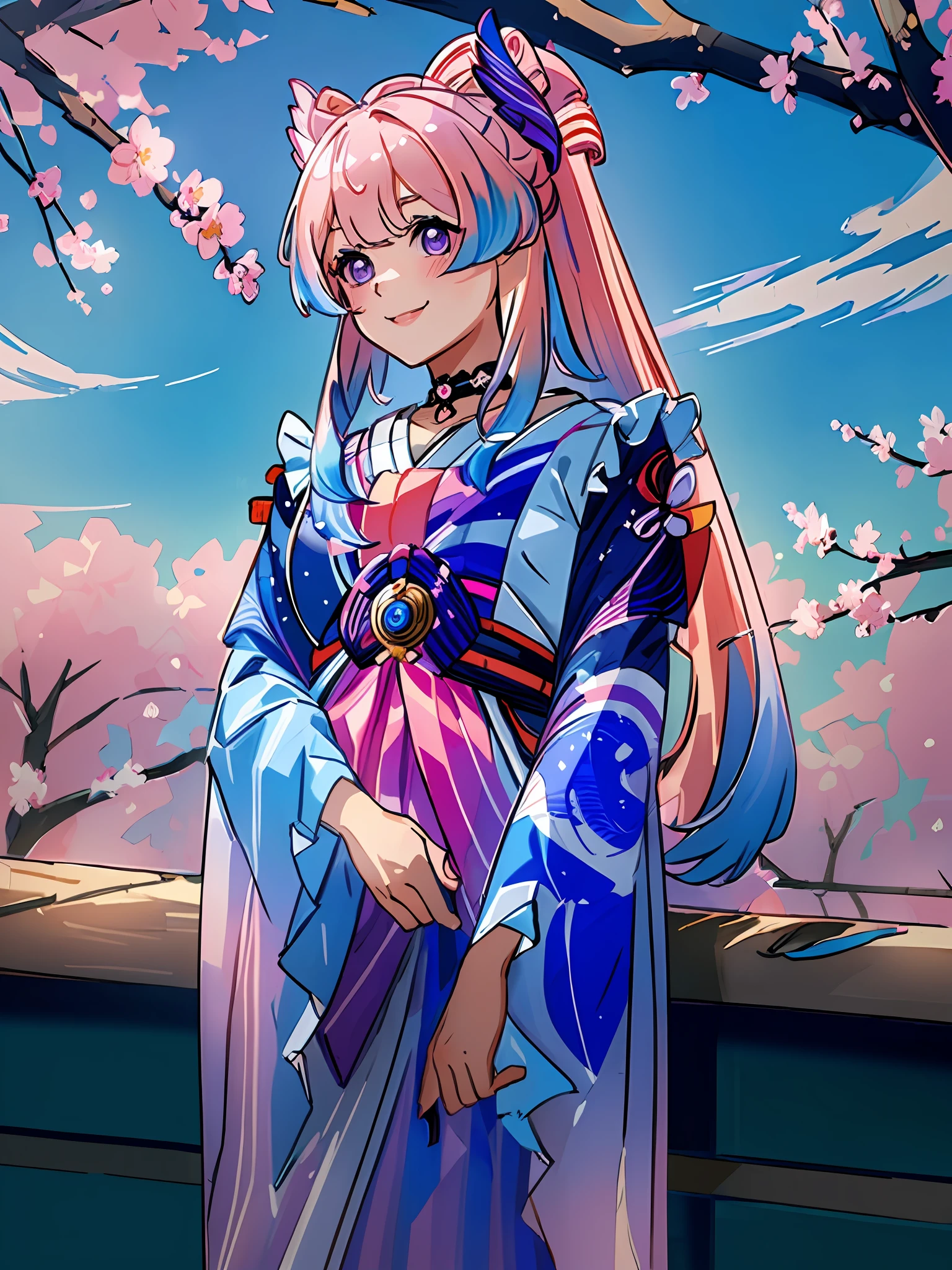 (((masterpiece))),(((best quality))), ((ultra-detailed)), (best illustration), 1girl, solo,  blush, smug, smile, purple eyes, choker, gradient eyes, no pupils, multicolored_hair, pink hair, blue hair, long hair,sangonomiya kokomi, ((kimono)), outdoors, sakura trees, sakura, facing towards viewer, front view