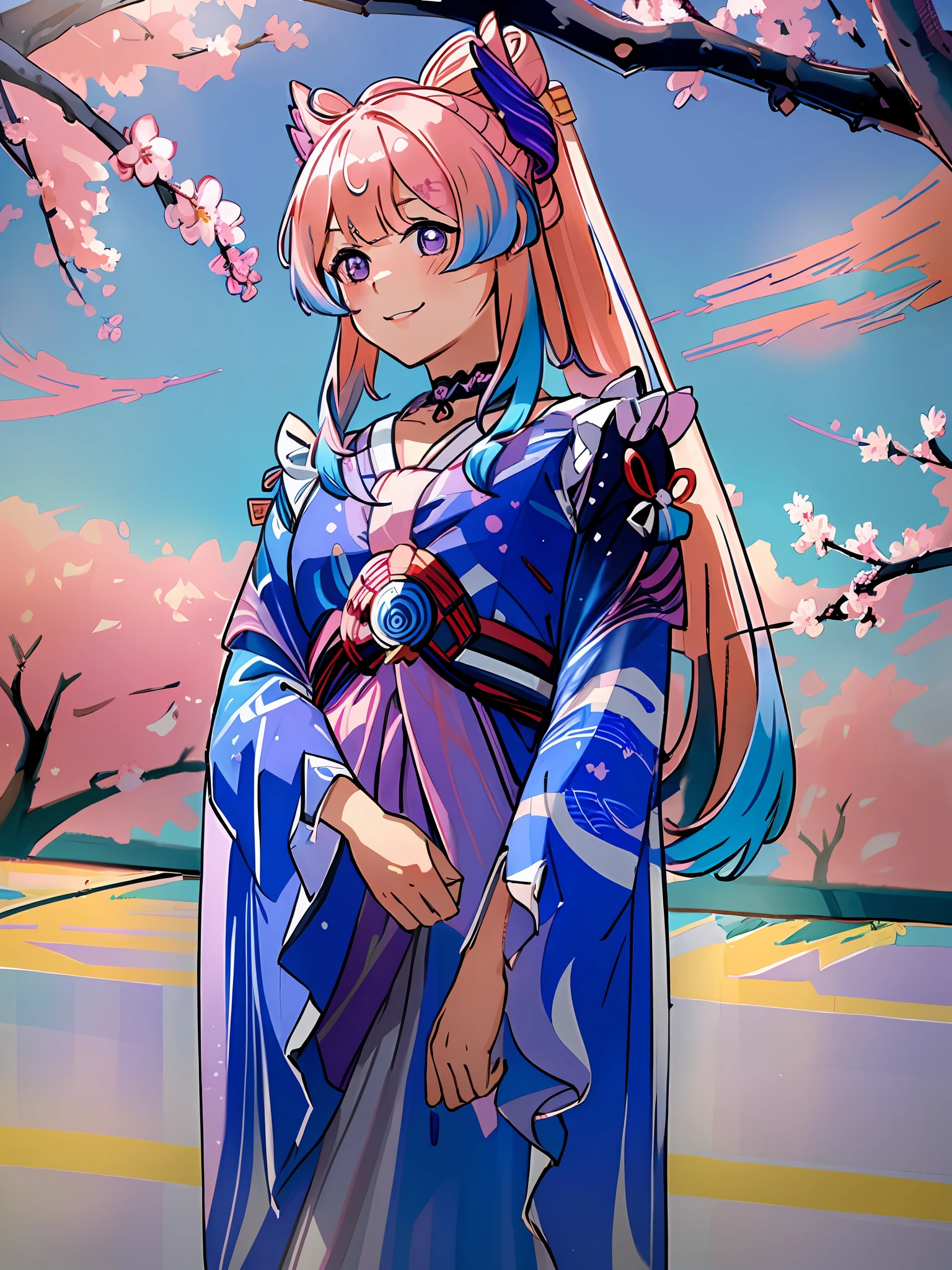 (((masterpiece))),(((best quality))), ((ultra-detailed)), (best illustration), 1girl, solo, blush, smug, smile, purple eyes, choker, gradient eyes, no pupils, multicolored_hair, pink hair, blue hair, long hair,sangonomiya kokomi, ((kimono)), outdoors, sakura trees, sakura, facing towards viewer, front view