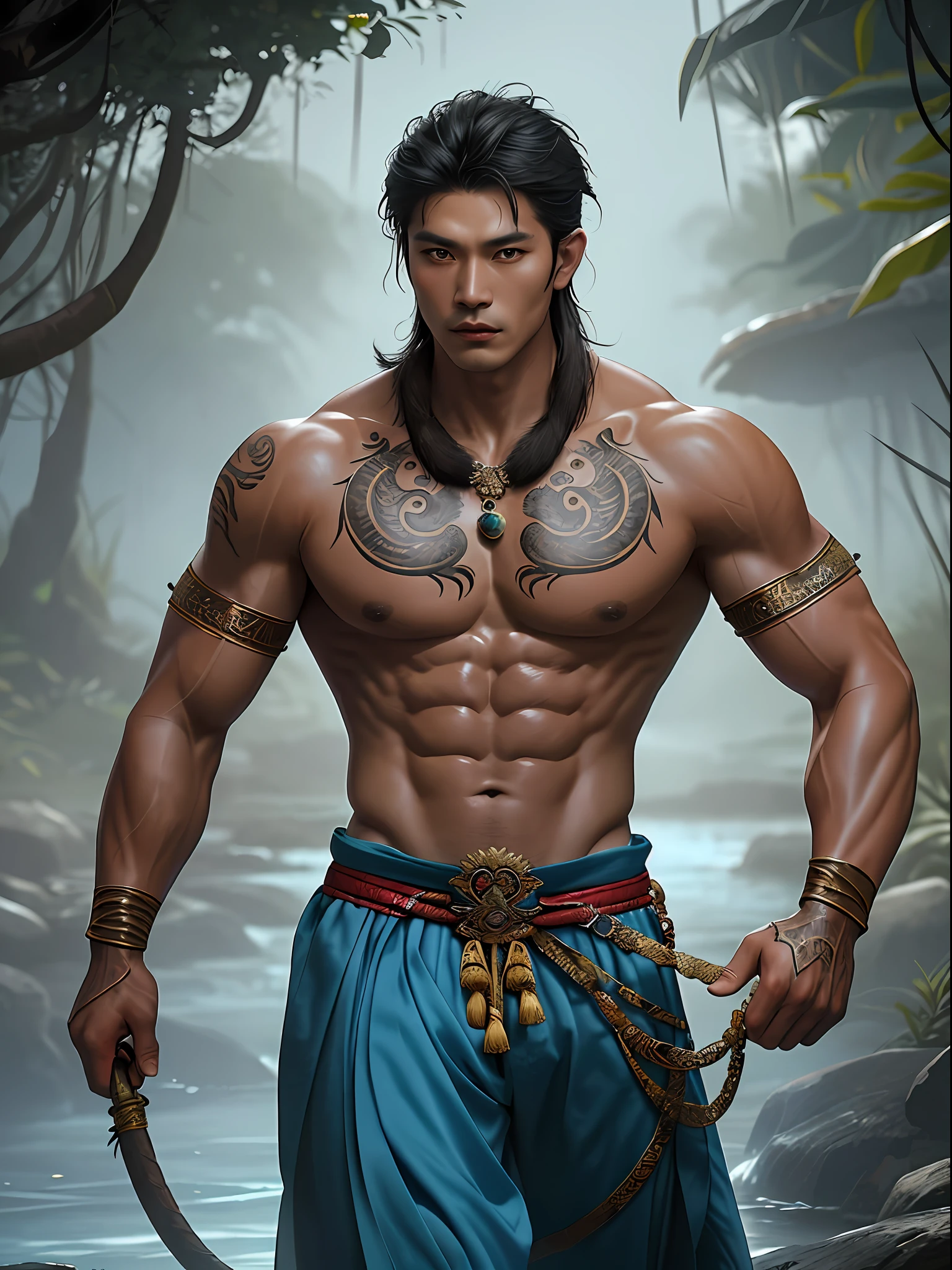 (Muscular, handsome, shirtless, double eyelids, asian), Chala is the legendary crocodile fighter, and his captivating persona. Chala emerges from the depths of ancient tales as a formidable warrior, deeply intertwined with the mythos of the land.  A crocodid depicted with an imposing presence, exuding an air of primal power and mystique. Clad in traditional Thai attire, shirtless, his ensemble reflects a fusion of regal elegance and battle-hardened resilience. The intricate details of his clothing, adorned with vibrant patterns and ornate embroidery, pay homage to the cultural heritage of the region.