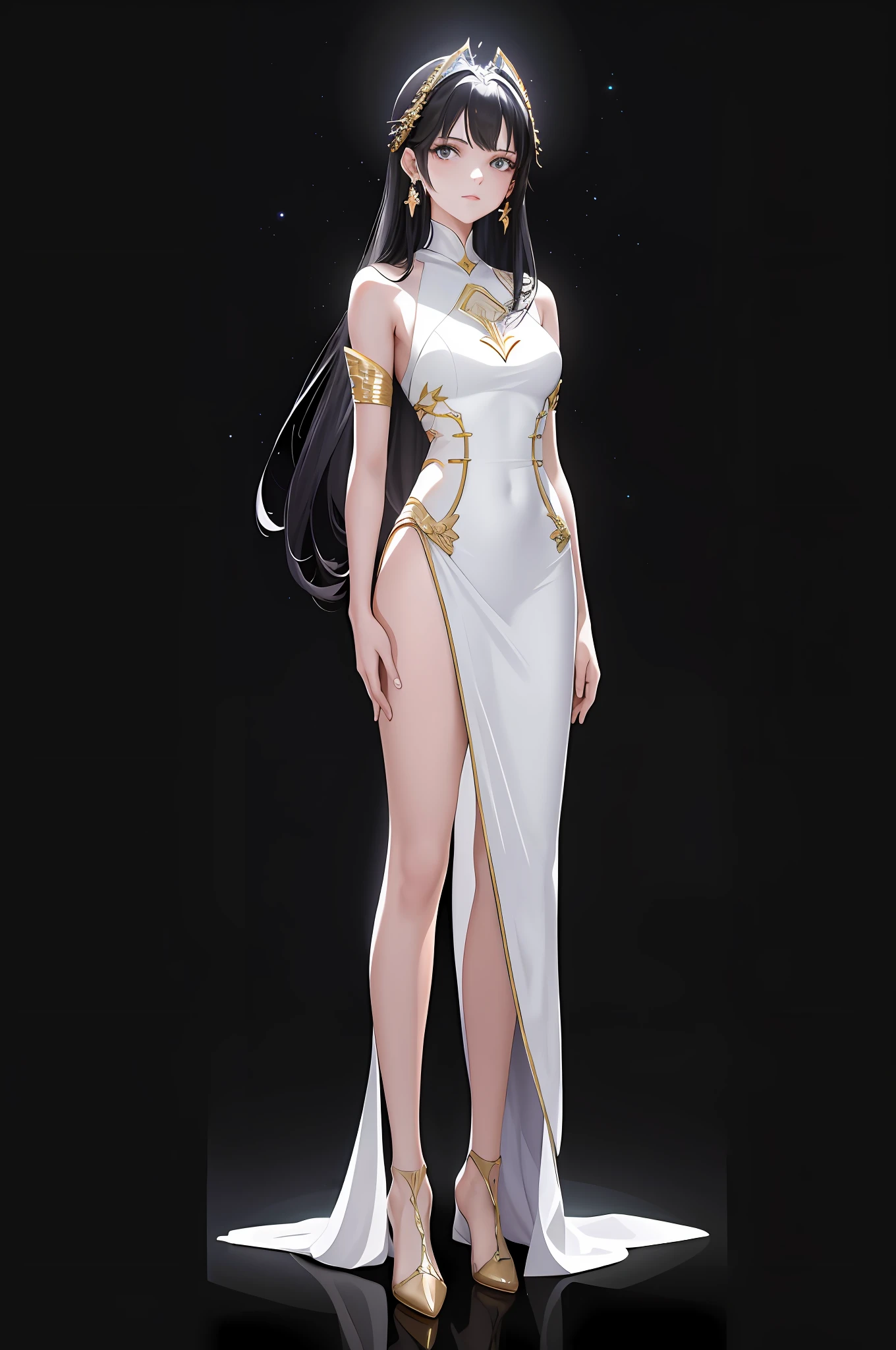 uniform,There are gold patterns on the clothes, There are shining light bars on the clothes,Bare arms, Bare palms, Sleeveless shirt, Full body,1 girl,Wear a Space opera style costumes, pale skin,A simple evening dress with a sci-fi feel, white plastic, diffuse lighting, divine goddess, fantasy, no helmet,absurdres,dune,mass,(masterpiece:1.4), ultra-detailed, 1girl, stand up,2023 fashion,