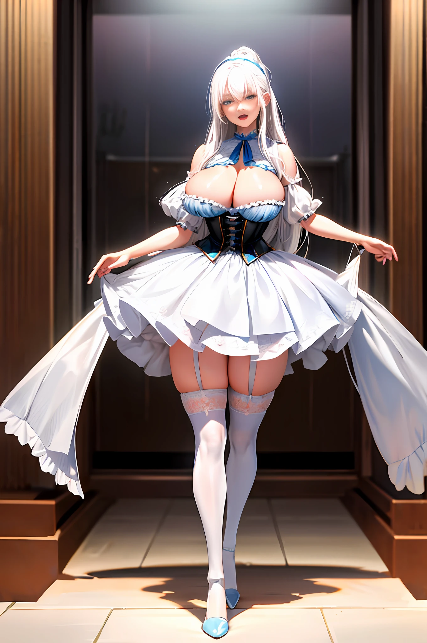 Ultra-realistic 8k CG, beautiful girl with white hair, blue eyes, open mouth, puffy, plump body, corset breast, fleshy thighs, white floral pattern stockings, high heels, full body, looking at the audience, symmetry, add_detail:1.5