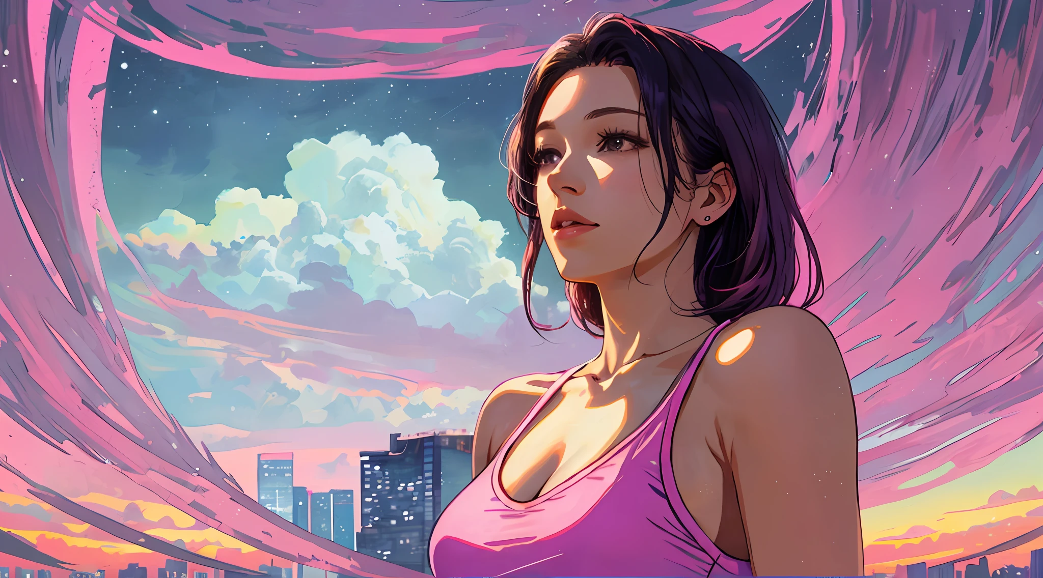 Woman upper body shot, revealing clothes, programming, calm, night, detailed face, high quality, masterpiece, art, vaporwave, vibe, pink, pastels, absurd