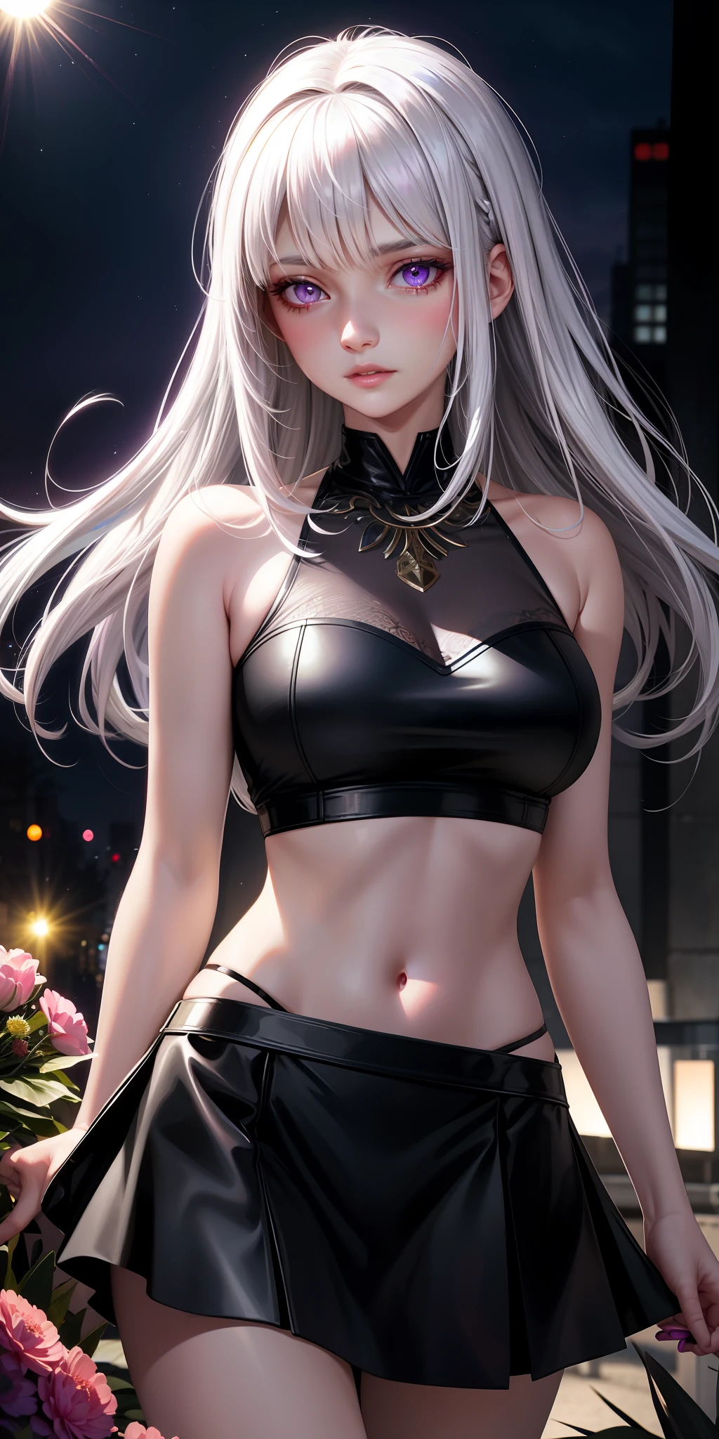 realistic, 1girl, white hair, purple eyes, glowing eyes, crop top, skirt, parted lips, blush, night, flowers, sun, sunlight,