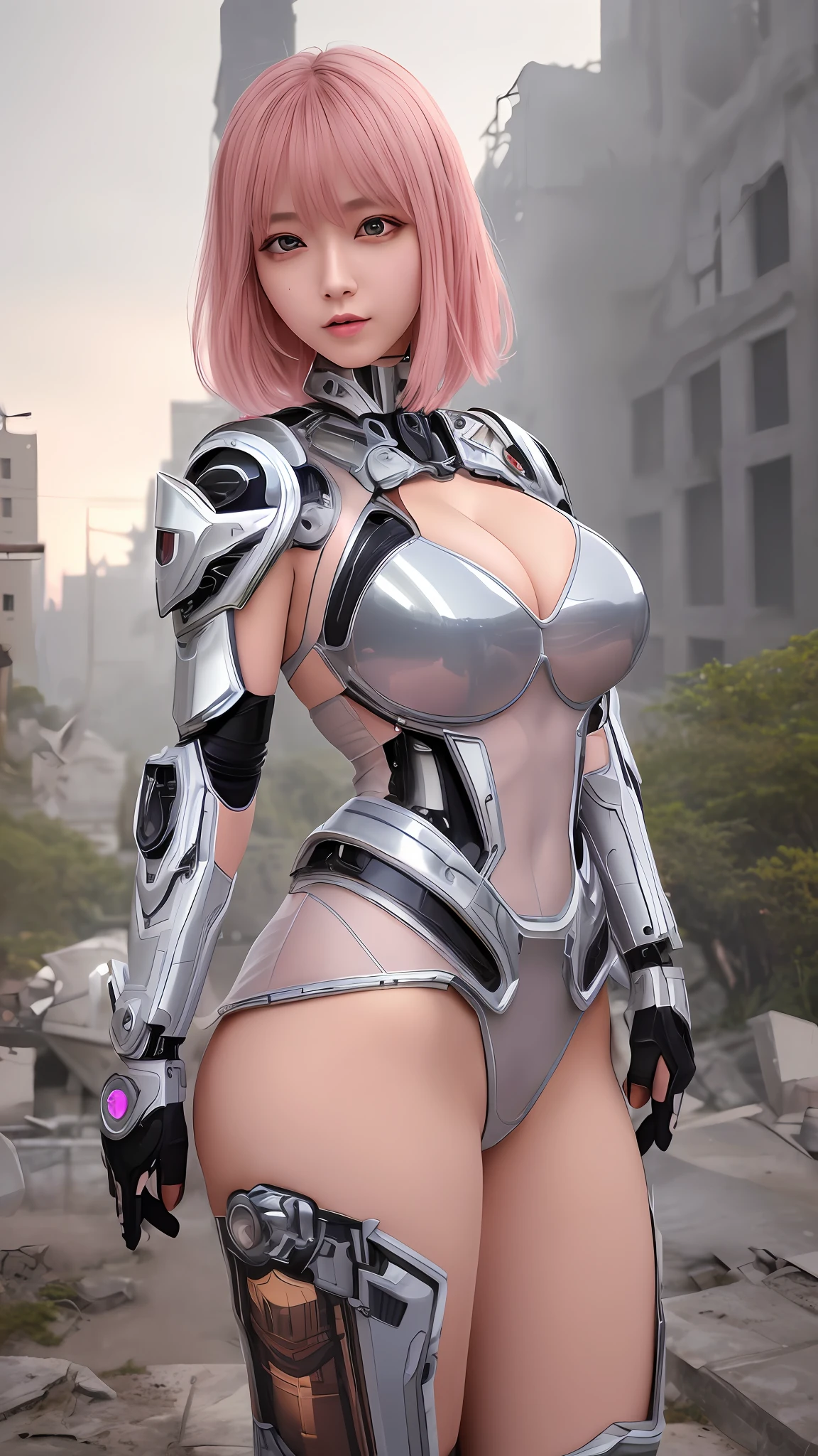 (8k, masterpiece, best quality), ultra-detailed, detailed beautiful round eyes, beautifully detailed face, high quality, high resolution, mecha girl wearing sexy outfit, massive breast, (see-through dress:1.2), mecha, ruins of city, perfect ass, perfect boobs, perfect face, nighttime, pink hair, hands on, short hair