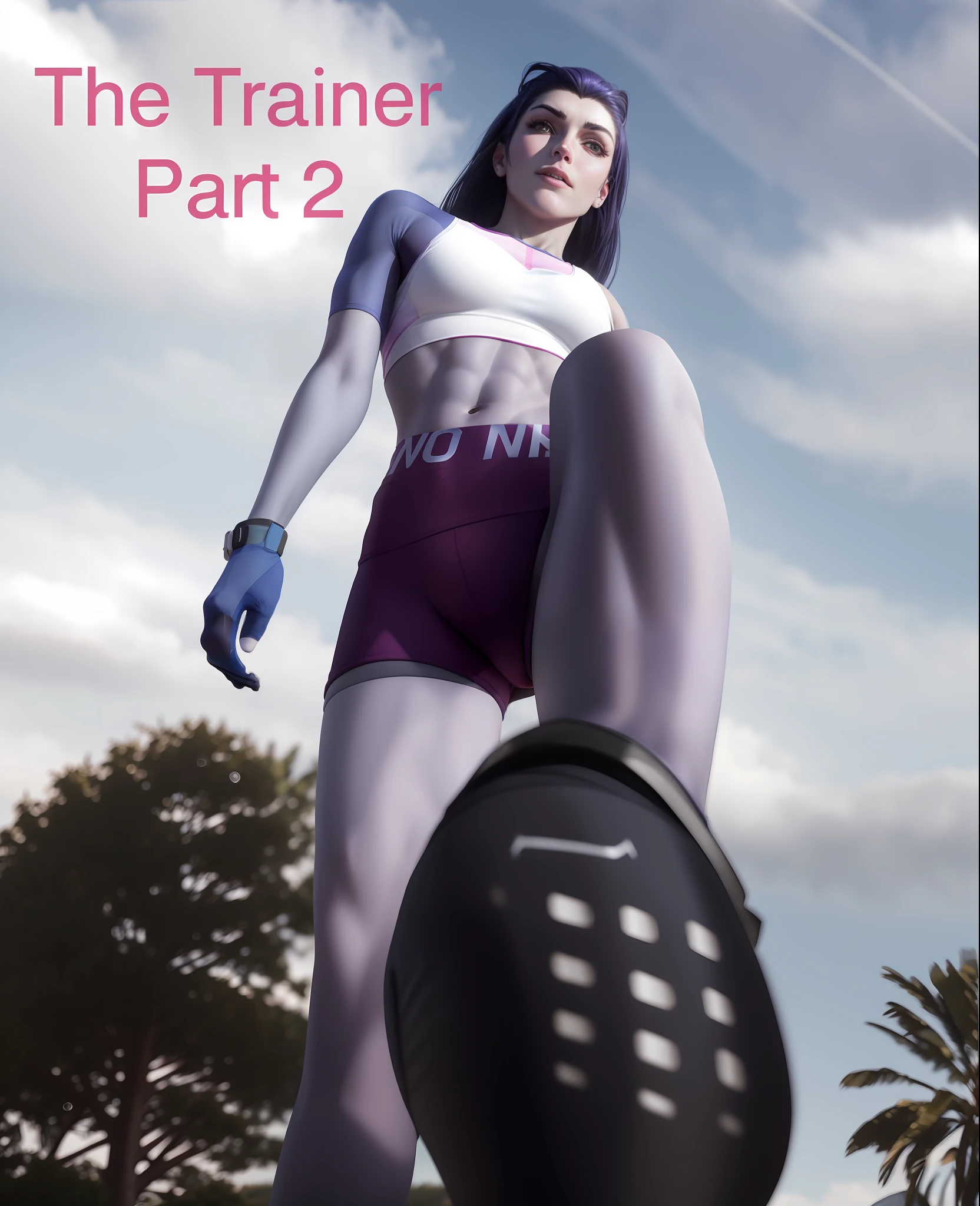 Widowmaker in a crop top and  shorts standing over camera, working out in the field, trailer, fit, two piece workout clothes, taken in 2022, 2 0 2 2 photo, fit woman, lunging at camera :4, girl is running, workout