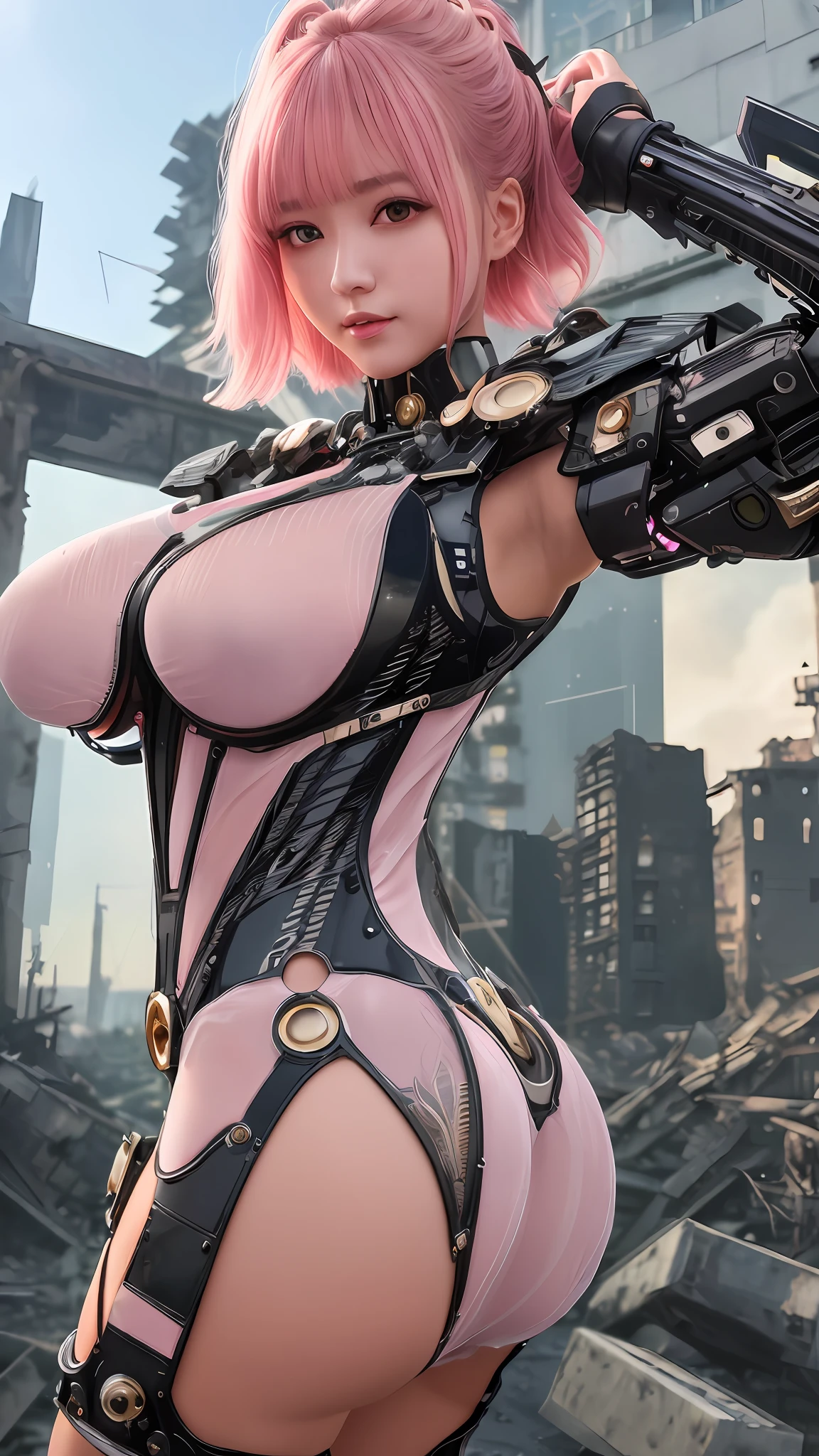 (8k, masterpiece, best quality), ultra-detailed, detailed beautiful round eyes, beautifully detailed face, high quality, high resolution, mecha girl wearing sexy outfit, massive breast, (see-through dress:1.2), mecha, ruins of city, perfect ass, perfect boobs, perfect face, nighttime, pink hair, hands on, short hair