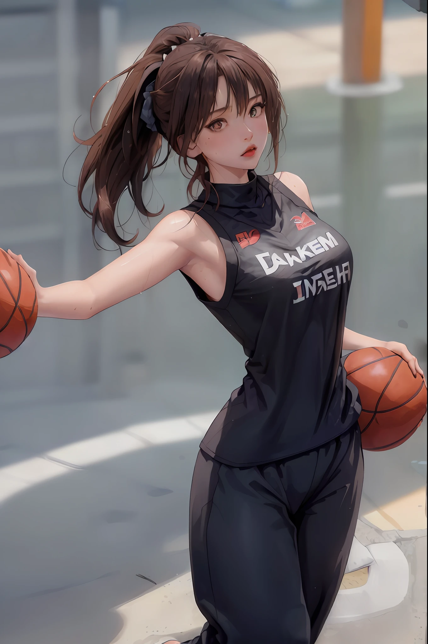 Masterpiece: 1.2, best quality), realistic, (real picture, rich details details, depth of field), (1girl, solo), makeup, cleft lip, high detail, perfect face shape, (small breasts: 1.4), (skindentation), thick thighs, Wide hips, thin waist, tall, coral, red lips, red eyes, ponytail, ((((basketball girl, black basketball suit, mid-length pants))), (sweat: 1.2), (wet), sexy, blushing, sweaty
