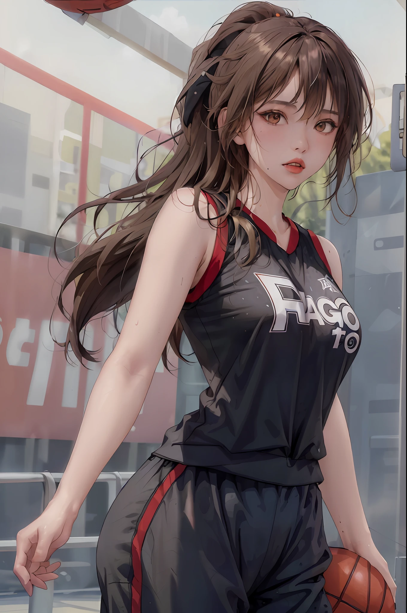 Masterpiece: 1.2, best quality), realistic, (real picture, rich details details, depth of field), (1girl, solo), makeup, cleft lip, high detail, perfect face shape, (small breasts: 1.4), (skindentation), thick thighs, Wide hips, thin waist, tall, coral, red lips, red eyes, ponytail, ((((basketball girl, black basketball suit, mid-length pants))), (sweat: 1.2), (wet), sexy, blushing, sweaty