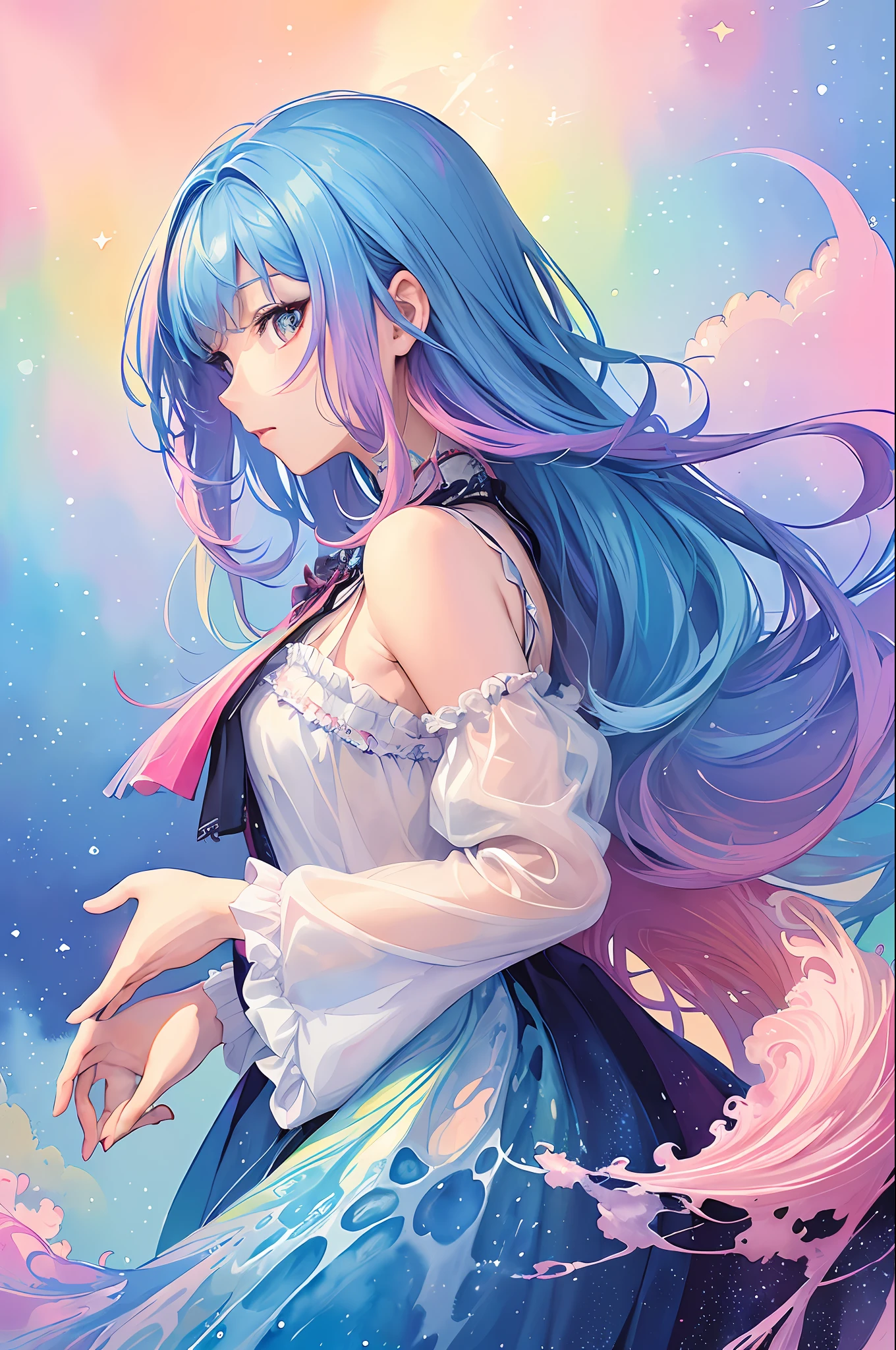 (masterpiece, top quality, best quality,watercolor (medium),official art, beautiful and aesthetic:1.2),(1girl:1.3), (fractal art:1.3),upper body, from side, looking at viewer,patterns,(rainbow color Hair,colorful hair,half blue and half pink hair:1.2),water,liquid, cloud,colorful, starry,stars,