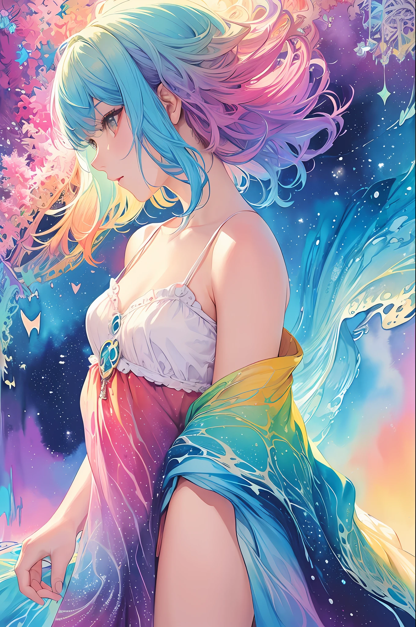 (masterpiece, top quality, best quality,watercolor (medium),official art, beautiful and aesthetic:1.2),(1girl:1.3), (fractal art:1.3),upper body, from side, looking at viewer,patterns,(rainbow color Hair,colorful hair,half blue and half pink hair:1.2),water,liquid, cloud,colorful, starry,stars,