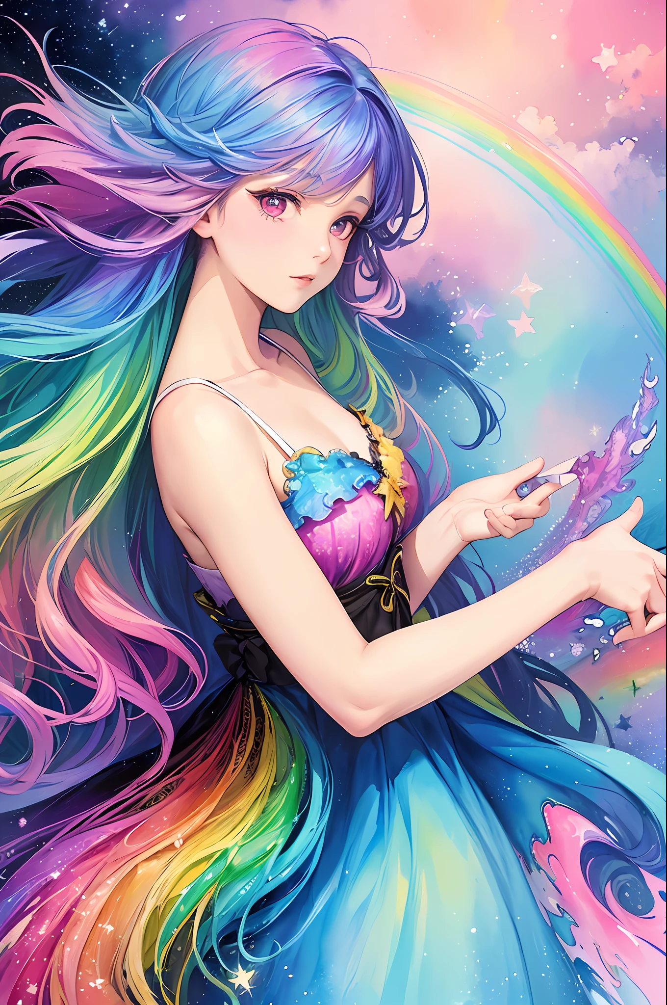 (masterpiece, top quality, best quality,watercolor (medium),official art, beautiful and aesthetic:1.2),(1girl:1.3), (fractal art:1.3),upper body, from side, looking at viewer,patterns,(rainbow color Hair,colorful hair,half blue and half pink hair:1.2),water,liquid, cloud,colorful, starry,stars,