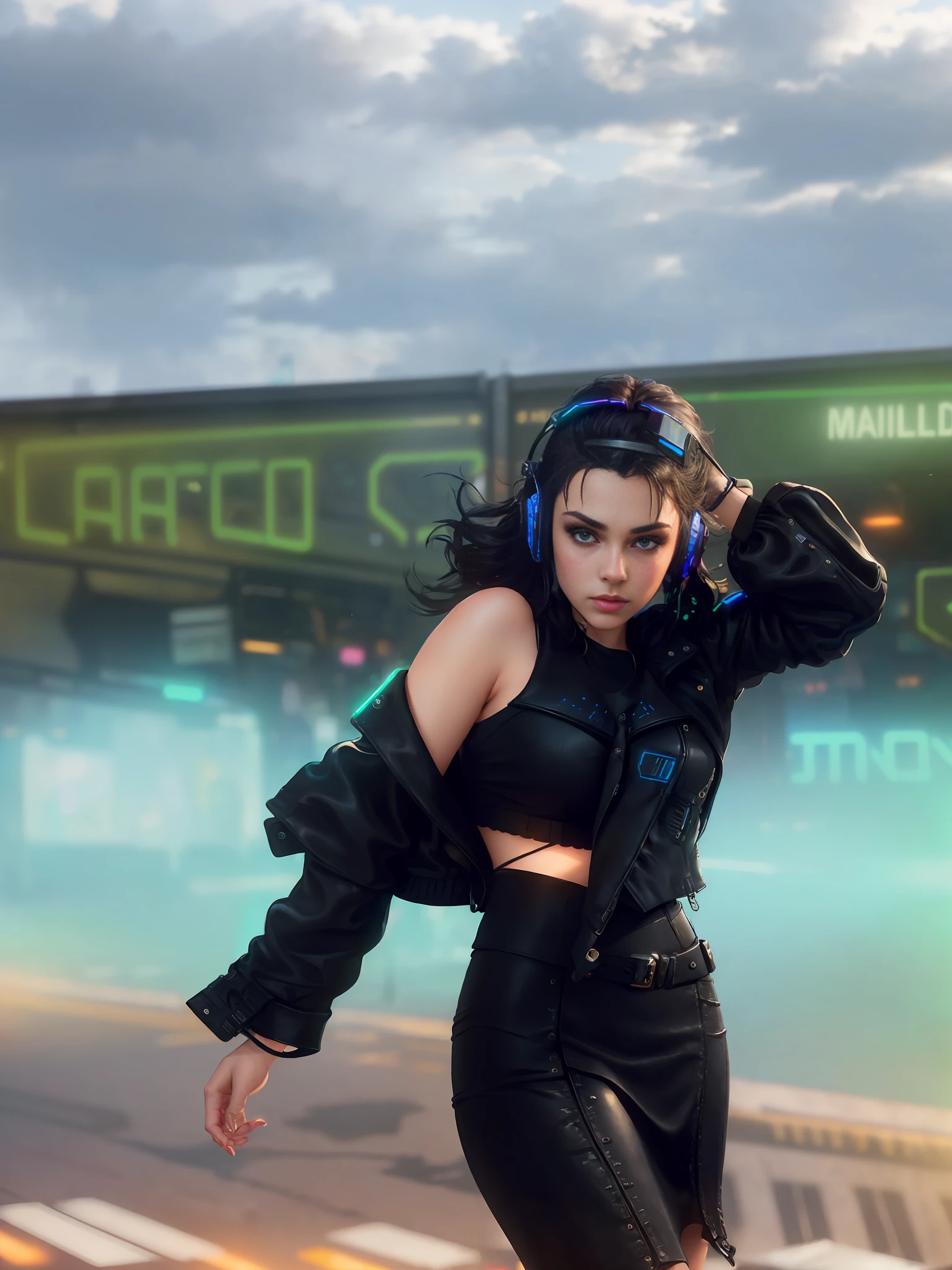 Best Quality, Realism, Realism, Award-Winning Illustration, (Complex Detail: 1.2), (Fine Detail), (Complex Detail), (Cinematic Lighting, Best Quality Lighting), Crisp Lines, Clear Focus, Official Art, Unity 8k Wallpaper, Absurd, Incredibly Absurd, Huge File Size, Ultra (in_main_street:1.21), (Neon Light), Fantasy Art, RTX, ((Triangular Close-Up Photo from Award-Winning Studio)), 1girl, Very beautiful, (shut up), black hair, small tits, ((Cyberpunk City Street, Battle Maiden)), perfect hands, beautiful detailed eyes, Perfect Face, (Cyberpunk blouse, leather jacket, Martin boots) ,,(headphones_around_hair),(pleated skirt) ), ((supermodel pose)),