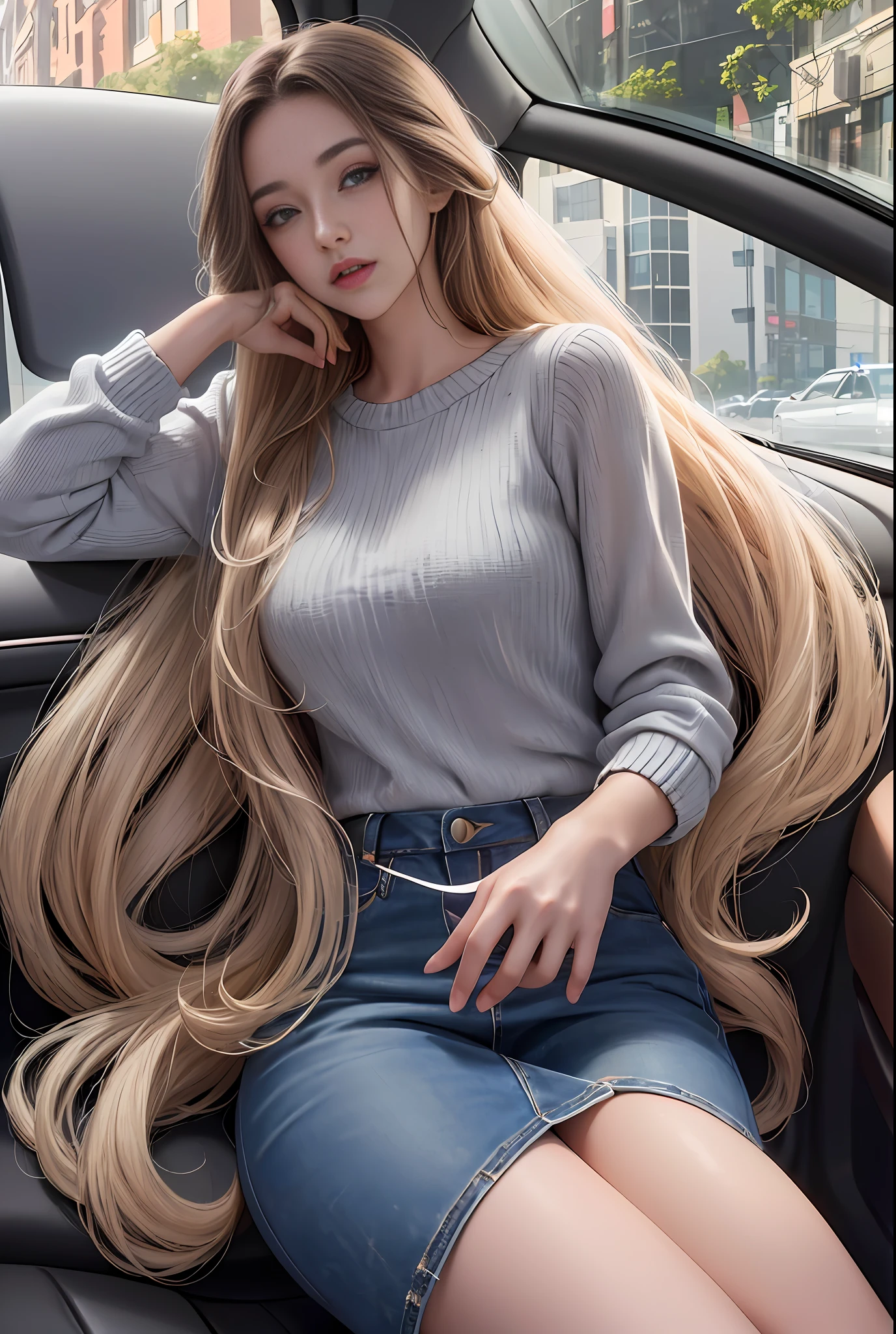 Girl sitting in a car, driving her car, sitting in her car, with long hair, her hair flowing down, with long curly hair, her loose hair, wearing long sleeves sweater and Jean skirt,  (hyperrealistic), (illustration), (high resolution), (8K), (extremely detailed), (best illustration), (beautiful detailed eyes), (best quality), (ultra-detailed), (masterpiece), (wallpaper), (detailed face)