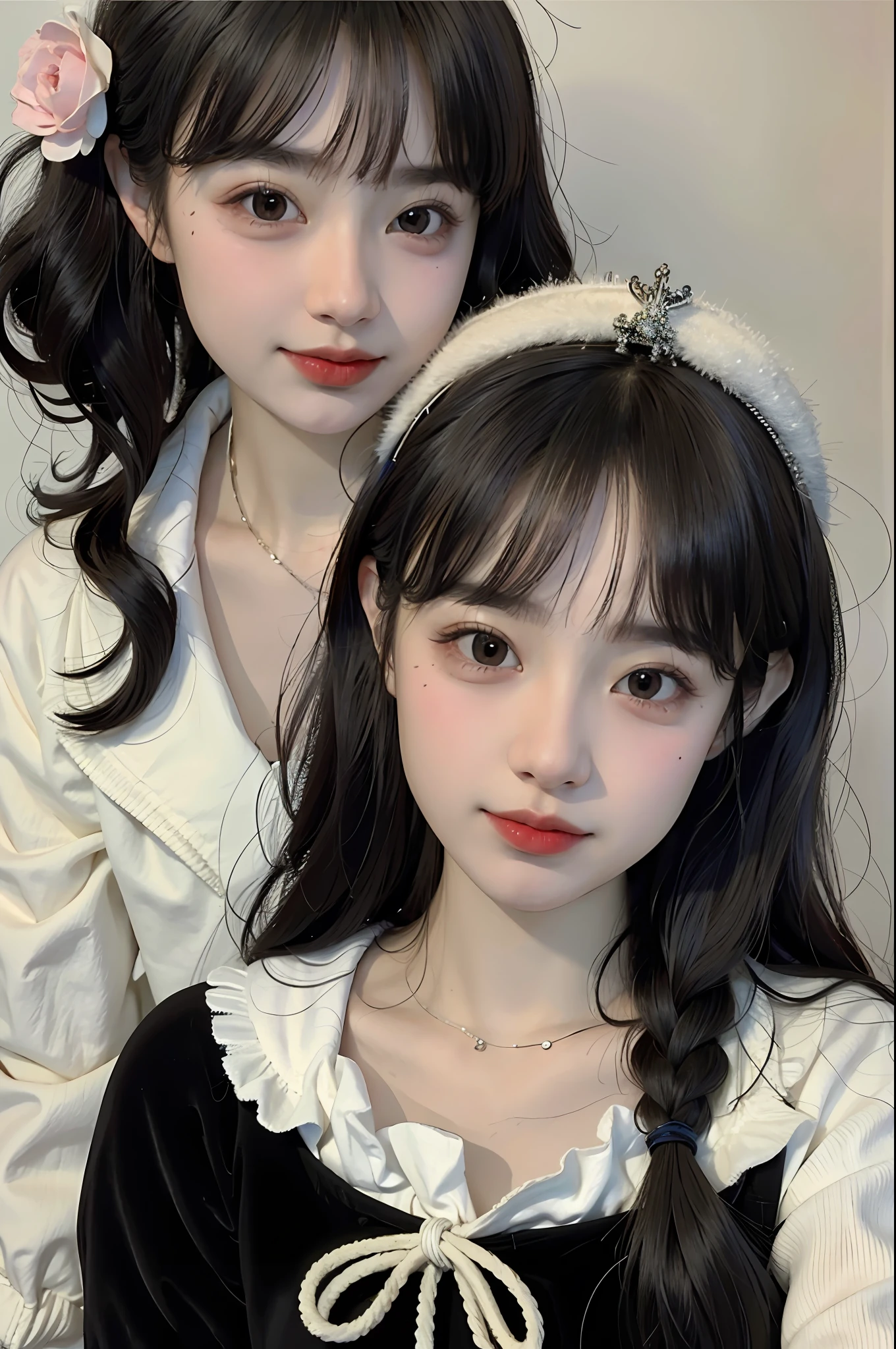 (8K, Best Quality, Masterpiece: 1.2), (Realistic, Realistic, Photo Realistic: 1.37), Two Girls, Ultra Detail, Beautiful Detail Eyes, Beautiful Detail Nose, JK Costume