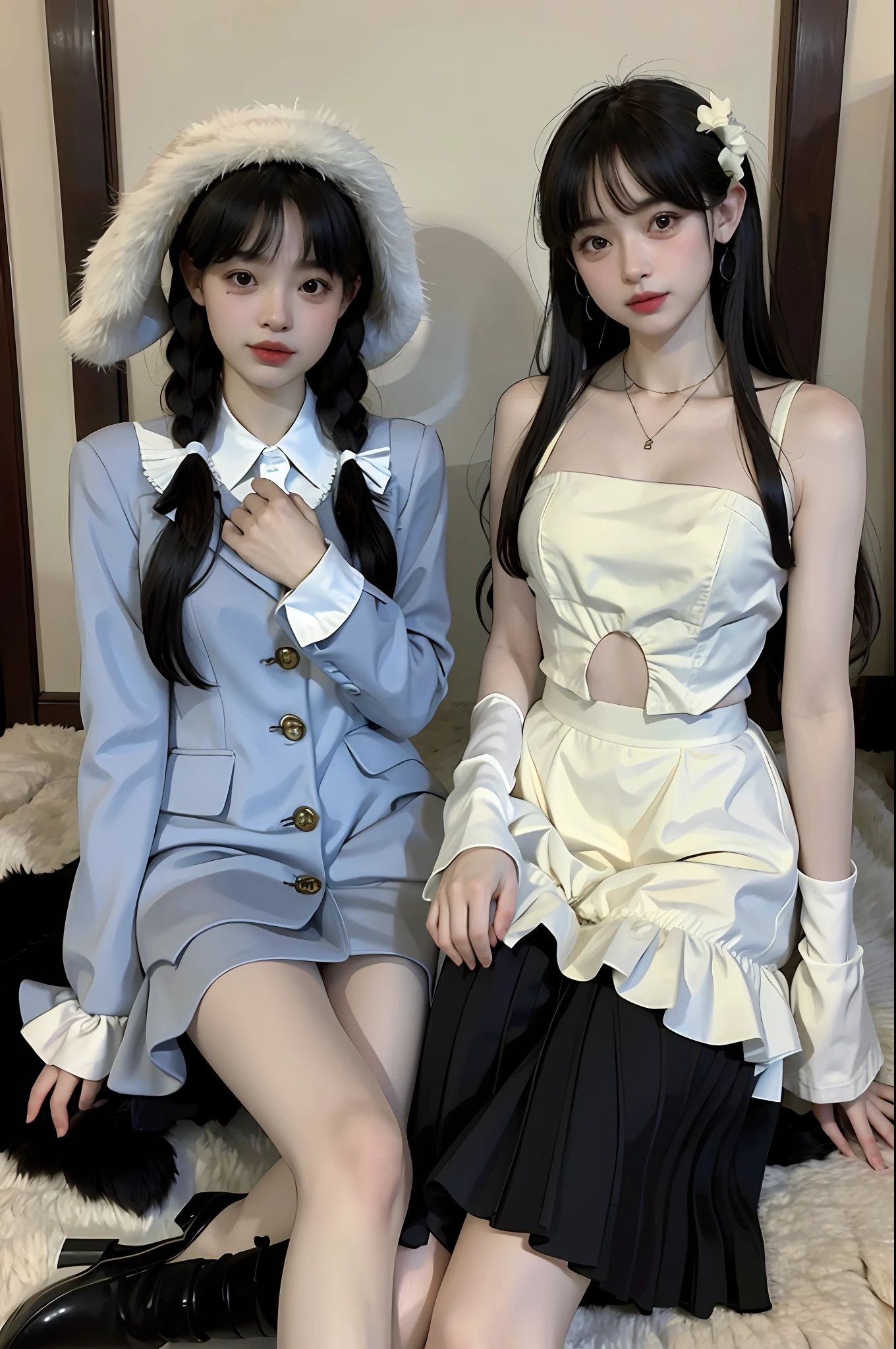 (8K, Best Quality, Masterpiece: 1.2), (Realistic, Realistic, Photo Realistic: 1.37), Two Girls, Ultra Detail, Beautiful Detail Eyes, Beautiful Detail Nose, JK Costume