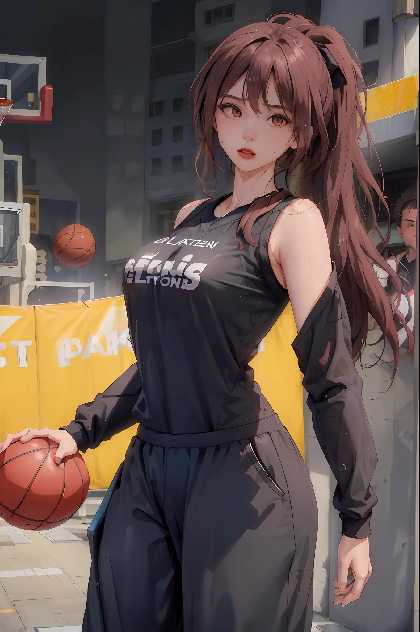 Masterpiece: 1.2, best quality), realistic, (real picture, rich details details, depth of field), (1girl, solo), makeup, cleft lip, high detail, perfect face shape, (small breasts: 1.4), (skindentation), thick thighs, Wide hips, thin waist, tall, coral, red lips, red eyes, ponytail, ((((basketball girl, black basketball suit, mid-length pants))), (sweat: 1.2), (wet), sexy, blushing, sweaty