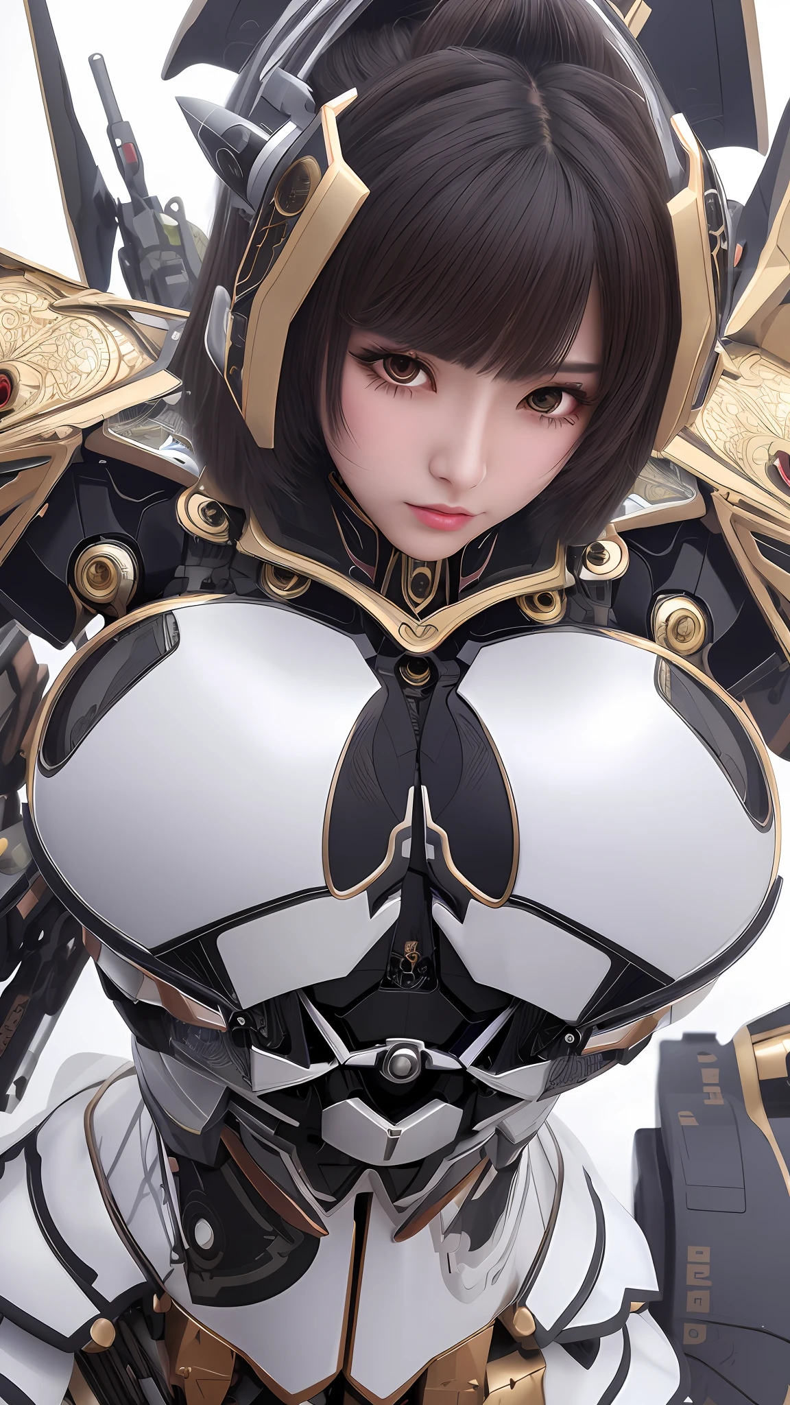 (8k, masterpiece, best quality), ultra-detailed, detailed beautiful round eyes, beautifully detailed face, high quality, high resolution, mecha girl wearing sexy outfit attack enemy using katana, massive breast, see-through dress, mecha,