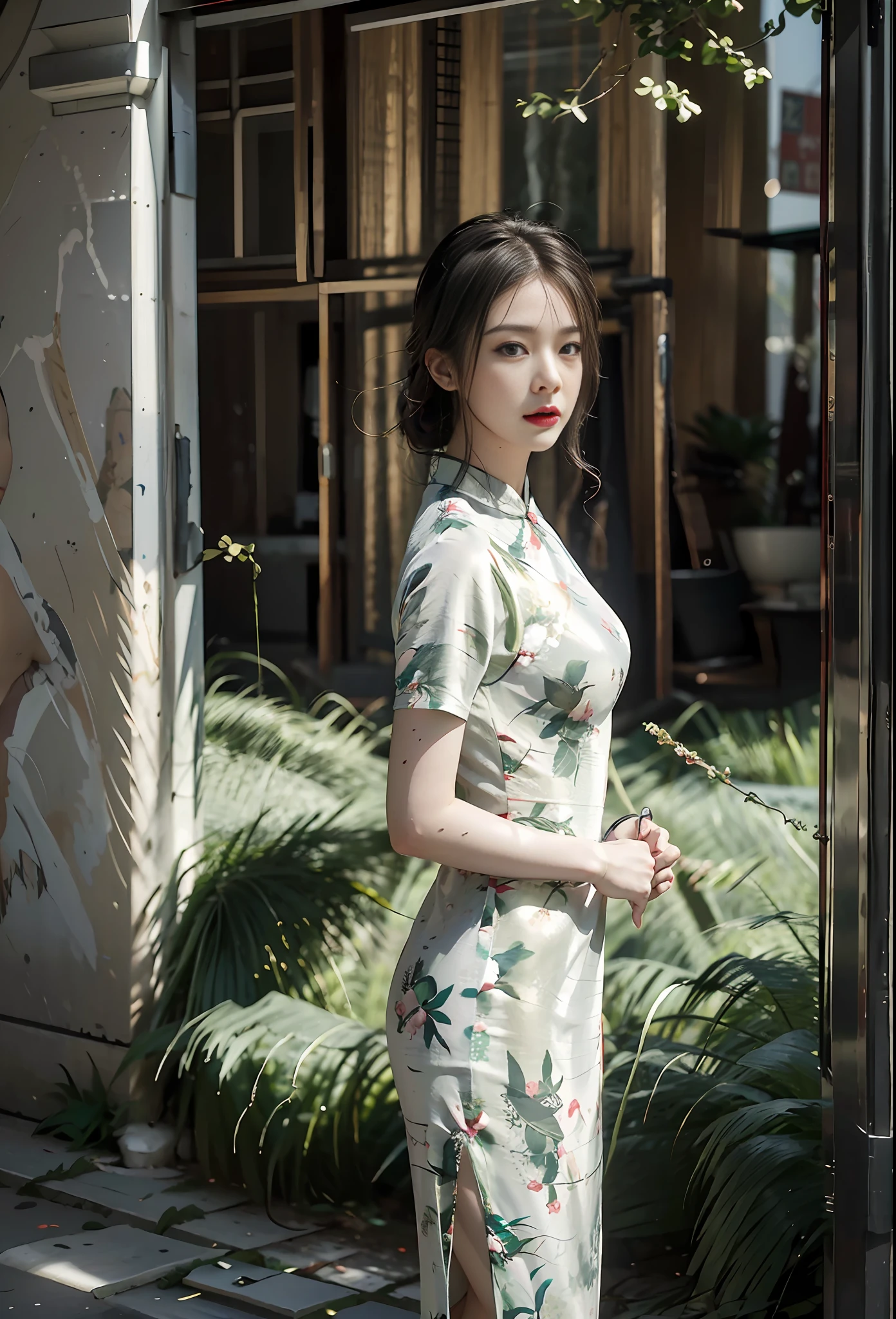 (green printed china dress),1 girl, (arms behind back:1.1),(realistic:1.7),((best quality)),absurdres,(ultra high res),(photorealistic:1.6),photorealistic,octane render,(hyperrealistic:1.2), (photorealistic face:1.2), (8k), (4k), (Masterpiece),(realistic skin texture), (illustration, cinematic lighting,wallpaper),( beautiful eyes:1.2),((((perfect face)))),(cute),(standing),(black hair),black eyes,red lips, (outdoors),