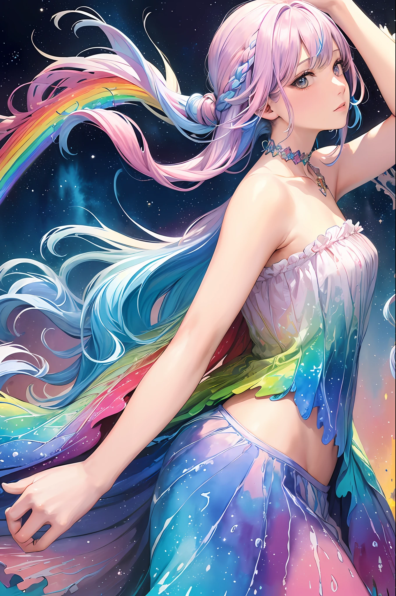 (masterpiece, top quality, best quality,watercolor (medium),official art, beautiful and aesthetic:1.2),(1girl:1.3), (fractal art:1.3),upper body, from side, looking at viewer,patterns,(rainbow color Hair,colorful hair,half blue and half pink hair:1.2),water,liquid, cloud,colorful, starry,stars,