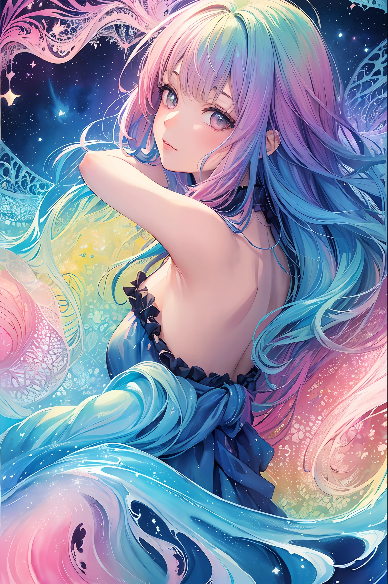 (masterpiece, top quality, best quality,watercolor (medium),official art, beautiful and aesthetic:1.2),(1girl:1.3), (fractal art:1.3),upper body, from side, looking at viewer,patterns,(rainbow color Hair,colorful hair,half blue and half pink hair:1.2),water,liquid, cloud,colorful, starry,stars,