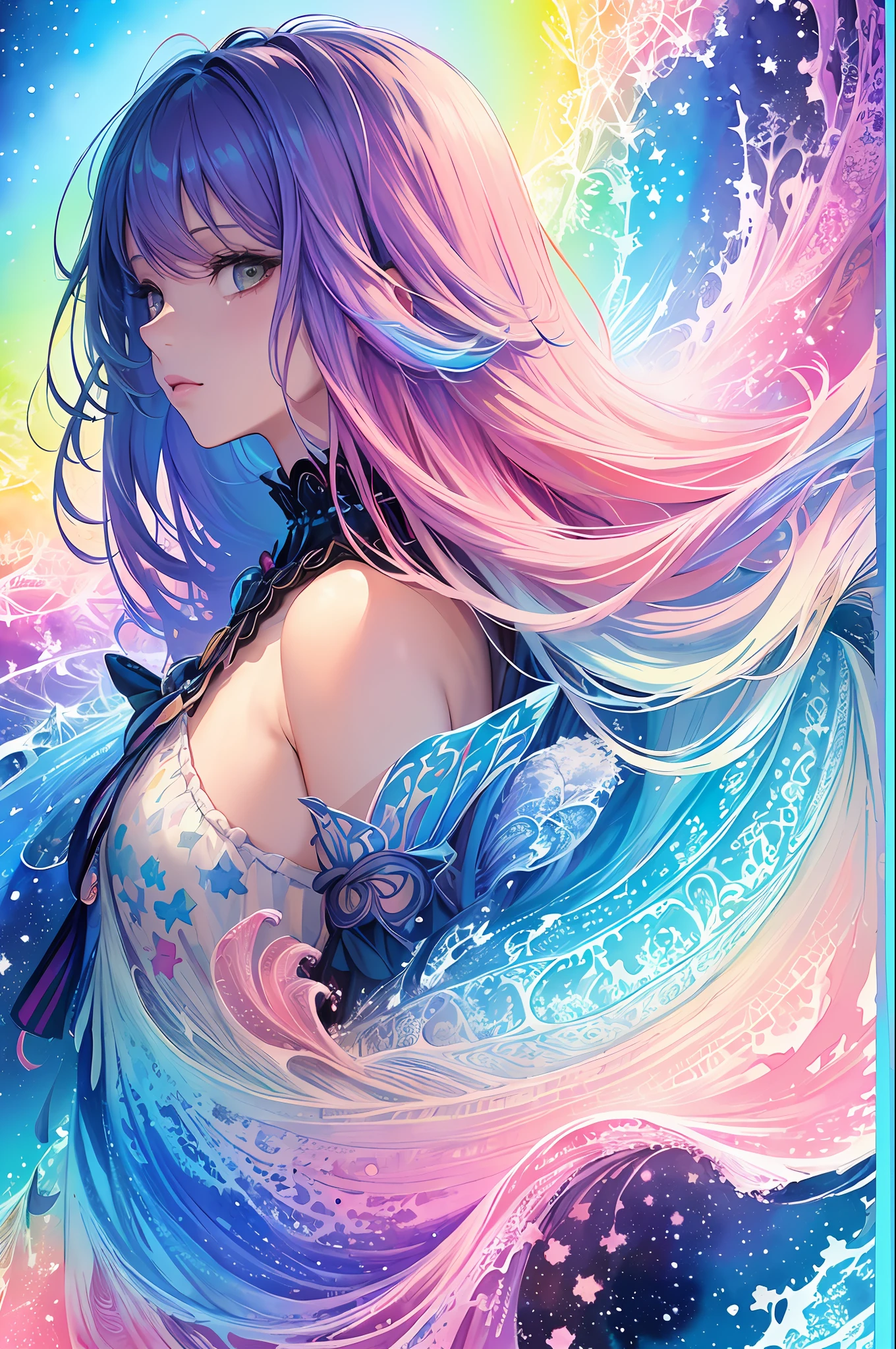 (masterpiece, top quality, best quality,watercolor (medium),official art, beautiful and aesthetic:1.2),(1girl:1.3), (fractal art:1.3),upper body, from side, looking at viewer,patterns,(rainbow color Hair,colorful hair,half blue and half pink hair:1.2),water,liquid, cloud,colorful, starry,stars,