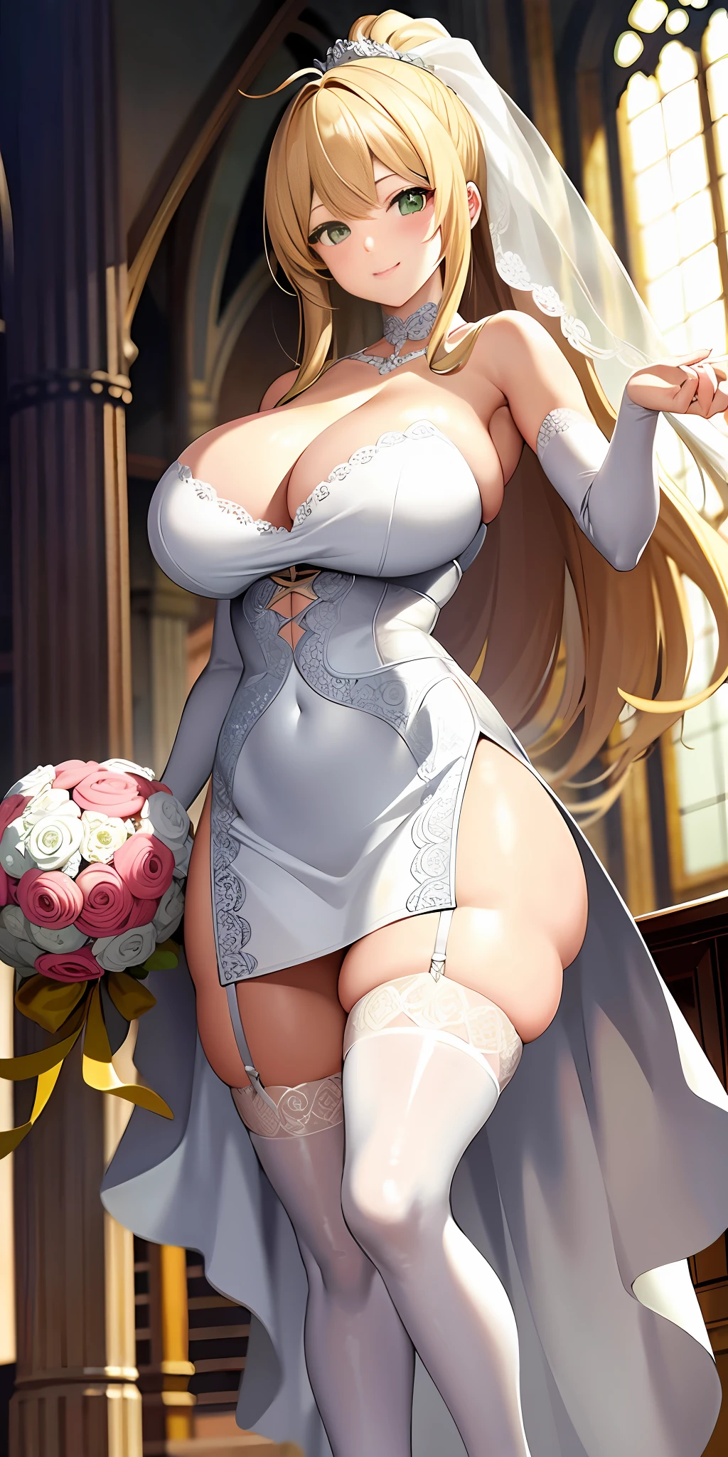 masterpiece, best quality, official art, (extremely detailed CG unity 8k wallpaper), detailed background, (hand by Guido Daniele:1.1),feet out of frame, first-person view, 1 mature girl,(curvy),(standing),(holding white bridal bouquet:1.14),(outstretched hand,Palm facing upward:1.14),(bride, bridal veil, bridal gauntlets, wedding dress, bridal garter, bridal legwear, white thighhighs:1.12),(blonde long hair:1.12), (ahoge:1.13), (high ponytail:1.12), (green eyes:1.13), looking at viewer, huge breasts,(cleavage),beautiful face,(blush:1.11),(smile:1.11), indoor, (Wedding ceremony), church, (Sunlight streaming in through stained glass), (crowd),