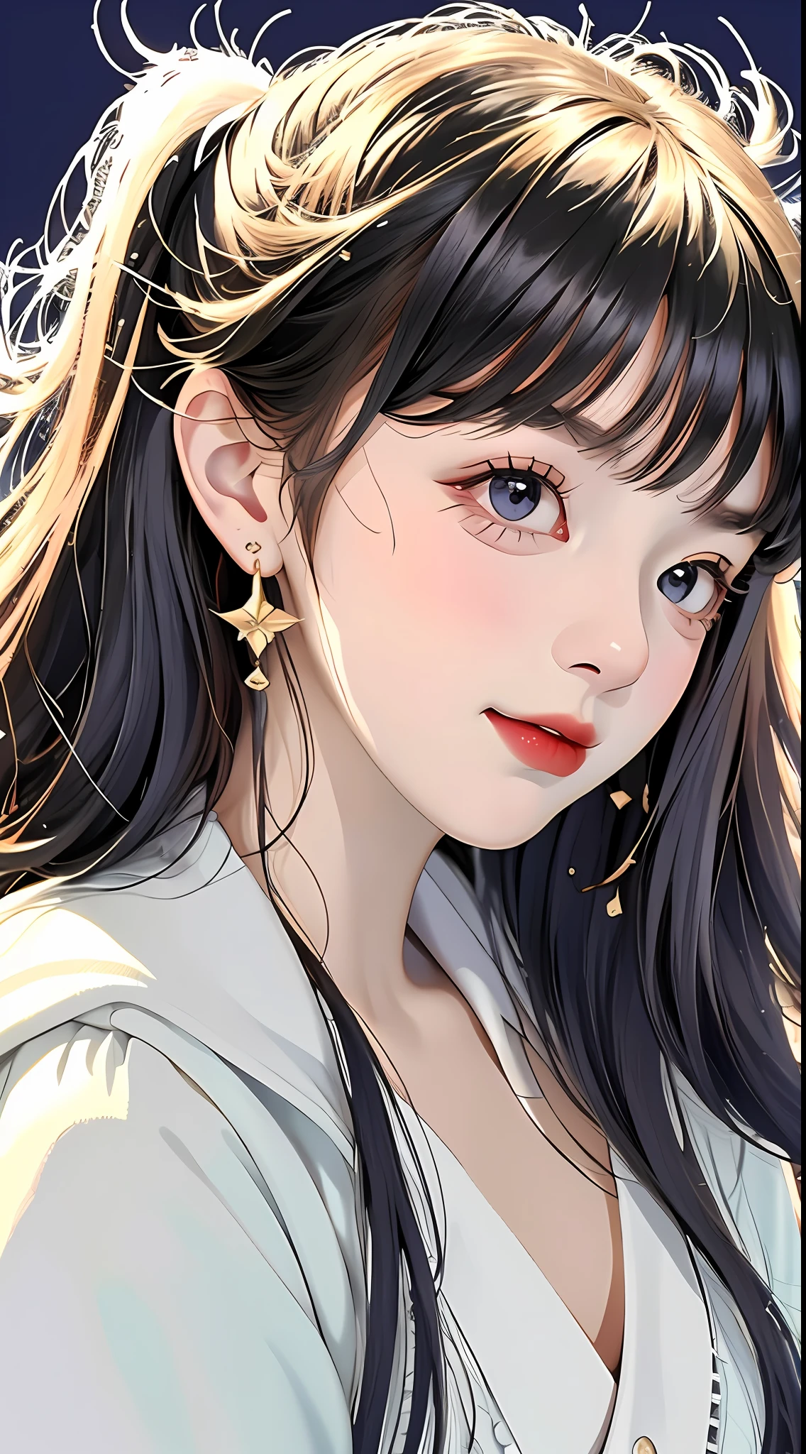 A cute girl with random hair, messy, earrings, street style, solid color background, cold expression, simple background, minimalist, crazy smile, facing the camera, looking at the audience