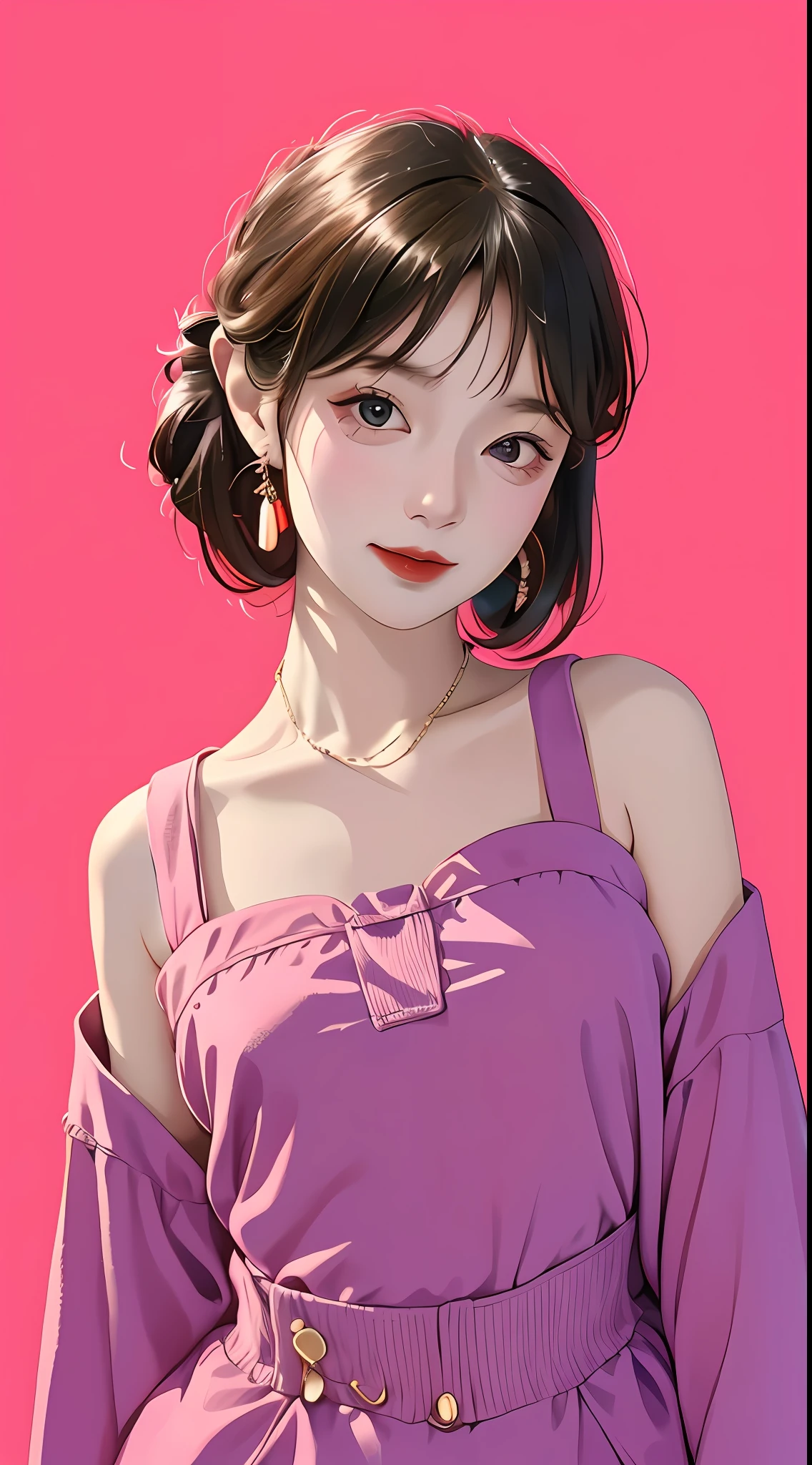 A cute girl with random hair, messy, earrings, street style, solid color background, cold expression, simple background, minimalist, evil smile, facing the camera, looking at the audience