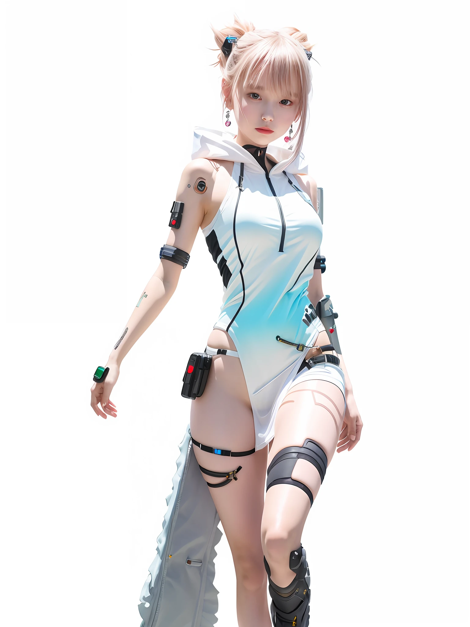 Bare arms, Bare palms, Sleeveless shirt, Full body,1 girl,Wear a Space opera style costumes, pale skin,A simple evening dress with a sci-fi feel, white plastic, diffuse lighting, divine goddess, fantasy, no helmet,absurdres,dune,mass,(masterpiece:1.4), ultra-detailed, 1girl, stand up,2023 fashion,