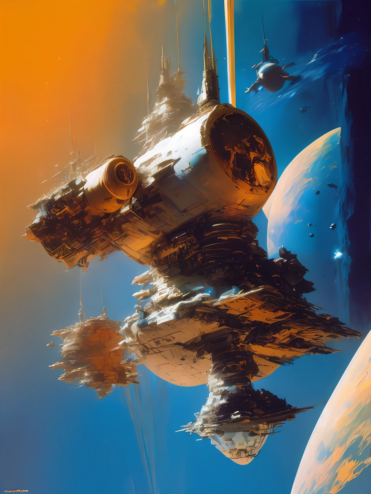 by John Berkey satellites in space orbit around the Earth, John Berkey space art style cinematography, atmospheric, photorealistic, elegant composition, Depth of Field, DOF, Tilt Blur, White Balance, 32k, Super-Resolution, Megapixel, ProPhoto RGB, VR, Halfrear Lighting, Backlight, Natural Lighting, Incandescent, Optical Fiber, Moody Lighting, Cinematic Lighting, Studio Lighting, Soft Lighting, Volumetric, Contre-Jour, Beautiful Lighting, Accent Lighting, Global Illumination, Screen Space Global Illumination, Ray Tracing Global Illumination, Optics, Scattering, Glowing, Shadows, Rough, Shimmering, Ray Tracing Reflections, Lumen Reflections, Screen Space Reflections, Diffraction Grading, Chromatic Aberration, GB Displacement, Scan Lines, Ray Traced, Ray Tracing Ambient Occlusion, Anti-Aliasing, FKAA, TXAA, RTX, SSAO, Shaders, OpenGL-Shaders, GLSL-Shaders, Post Processing, Post-Production, Cel Shading, Tone Mapping, CGI, VFX, SFX, insanely detailed and intricate, hypermaximalist, elegant, hyper realistic, super detailed, dynamic pose, photography cinematic, intense, cinematic composition + intricate detailed, cinematic lighting + rim lighting + color grading + focus + bokeh, 1X + Unsplash + 500px, taken by Canon EOS R5 RF85mm F1.8 MACRO lens 1/100sec