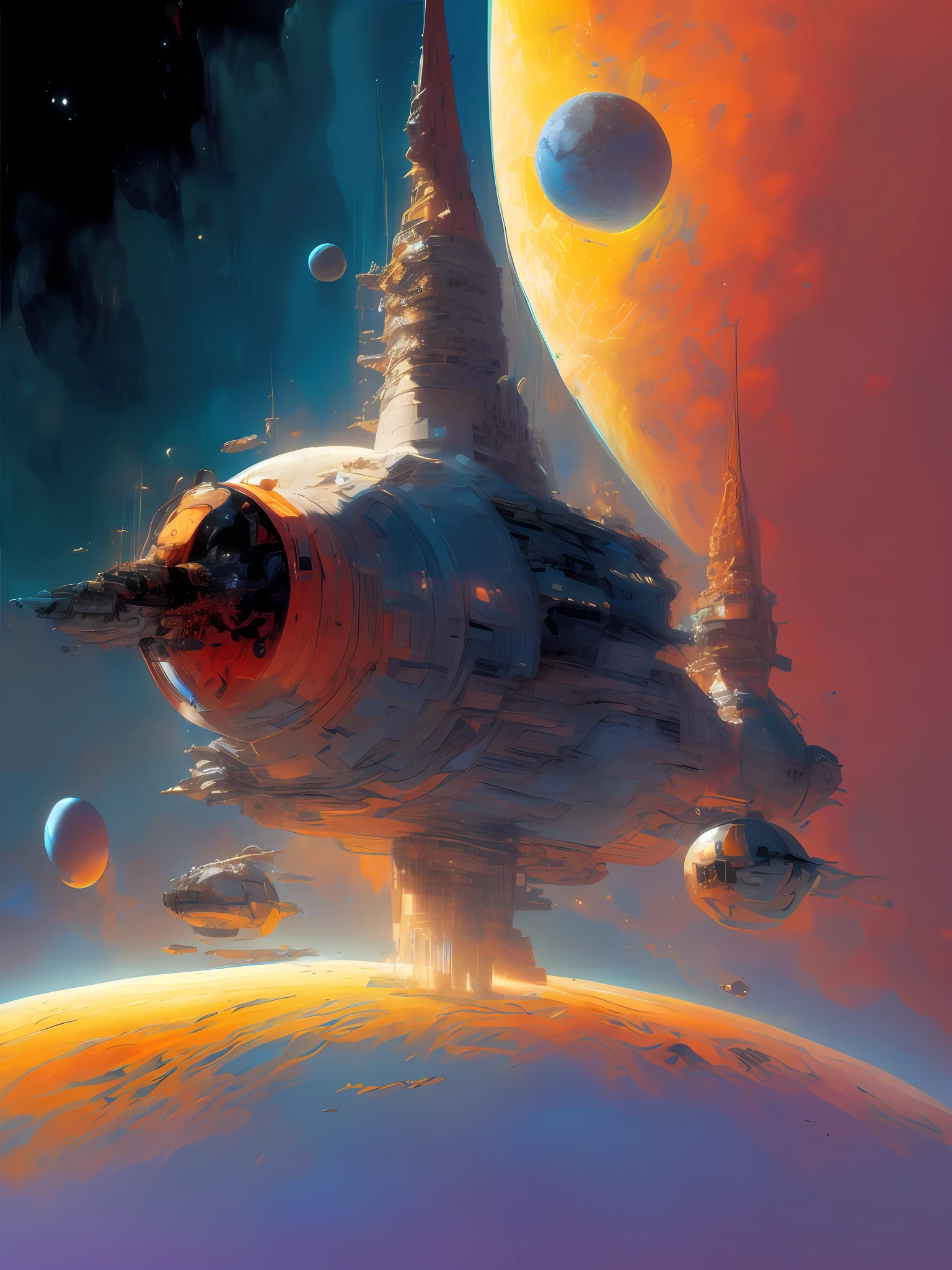 by John Berkey satellites in space orbit around the Earth, John Berkey space art style cinematography, atmospheric, photorealistic, elegant composition, Depth of Field, DOF, Tilt Blur, White Balance, 32k, Super-Resolution, Megapixel, ProPhoto RGB, VR, Halfrear Lighting, Backlight, Natural Lighting, Incandescent, Optical Fiber, Moody Lighting, Cinematic Lighting, Studio Lighting, Soft Lighting, Volumetric, Contre-Jour, Beautiful Lighting, Accent Lighting, Global Illumination, Screen Space Global Illumination, Ray Tracing Global Illumination, Optics, Scattering, Glowing, Shadows, Rough, Shimmering, Ray Tracing Reflections, Lumen Reflections, Screen Space Reflections, Diffraction Grading, Chromatic Aberration, GB Displacement, Scan Lines, Ray Traced, Ray Tracing Ambient Occlusion, Anti-Aliasing, FKAA, TXAA, RTX, SSAO, Shaders, OpenGL-Shaders, GLSL-Shaders, Post Processing, Post-Production, Cel Shading, Tone Mapping, CGI, VFX, SFX, insanely detailed and intricate, hypermaximalist, elegant, hyper realistic, super detailed, dynamic pose, photography cinematic, intense, cinematic composition + intricate detailed, cinematic lighting + rim lighting + color grading + focus + bokeh, 1X + Unsplash + 500px, taken by Canon EOS R5 RF85mm F1.8 MACRO lens 1/100sec