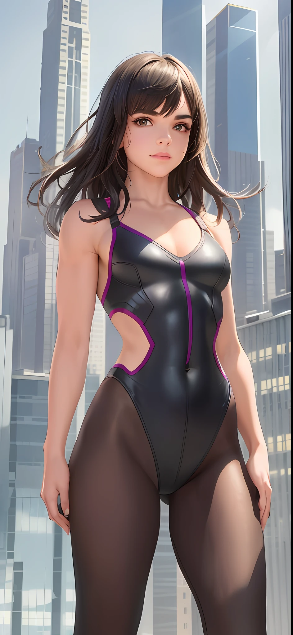 Solo, 1woman, Hailee Steinfeld (strong, muscular, toned abs, biceps, square chin), wearing a sexy superhero costume, shoulders showing, navel showing, on a roof of a building, at night, "(masterpiece, best quality, 8k, sharp focus, depth of field, best shadows, perfect lights, HDR, realistic skin texture, ultra-detailed background, detailed)", ((photorealistic, RAW photo))