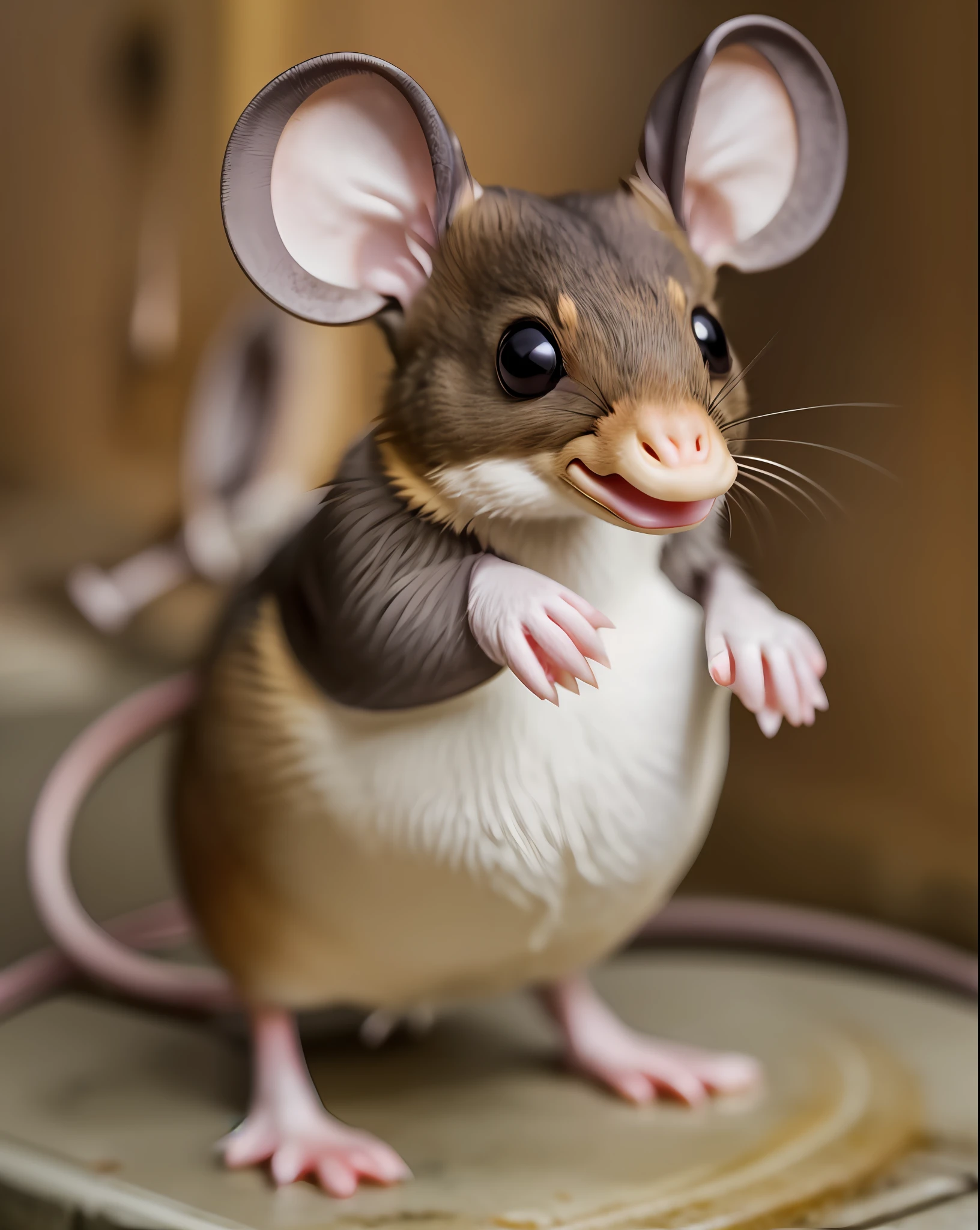 Selfie photo of a duck-shaped mouse in real life, full body, (close-up of mouse head), rat ears, rat teeth, rat open mouth, feet are duck palms, (body is white duck, only head is mouse head),
High level of detail realism, sharp focus, dirty sewers,