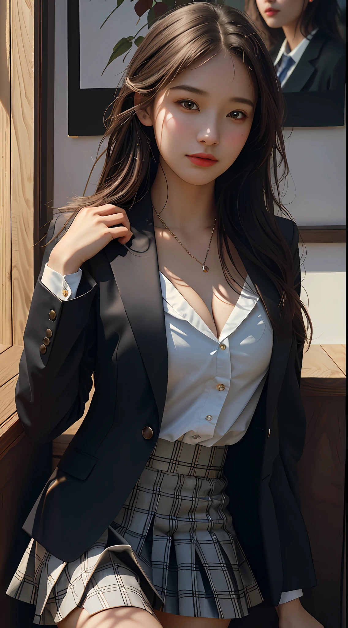Top Quality, Masterpiece, 1 Girl, Beautiful Face, (Photorealistic Picture:1.3), Rim Lighting, (High Detail Skin:1.2), 8K UHD, DSLR, High Quality, High Resolution, 4K, 8K, Bokeh, Absurdity, Best Ratio Four Fingers and One Thumb, (Real:1.3), Small Face, Cute One Girl, Black Formal Blazer, Middle Breast, Short Skirt,Office