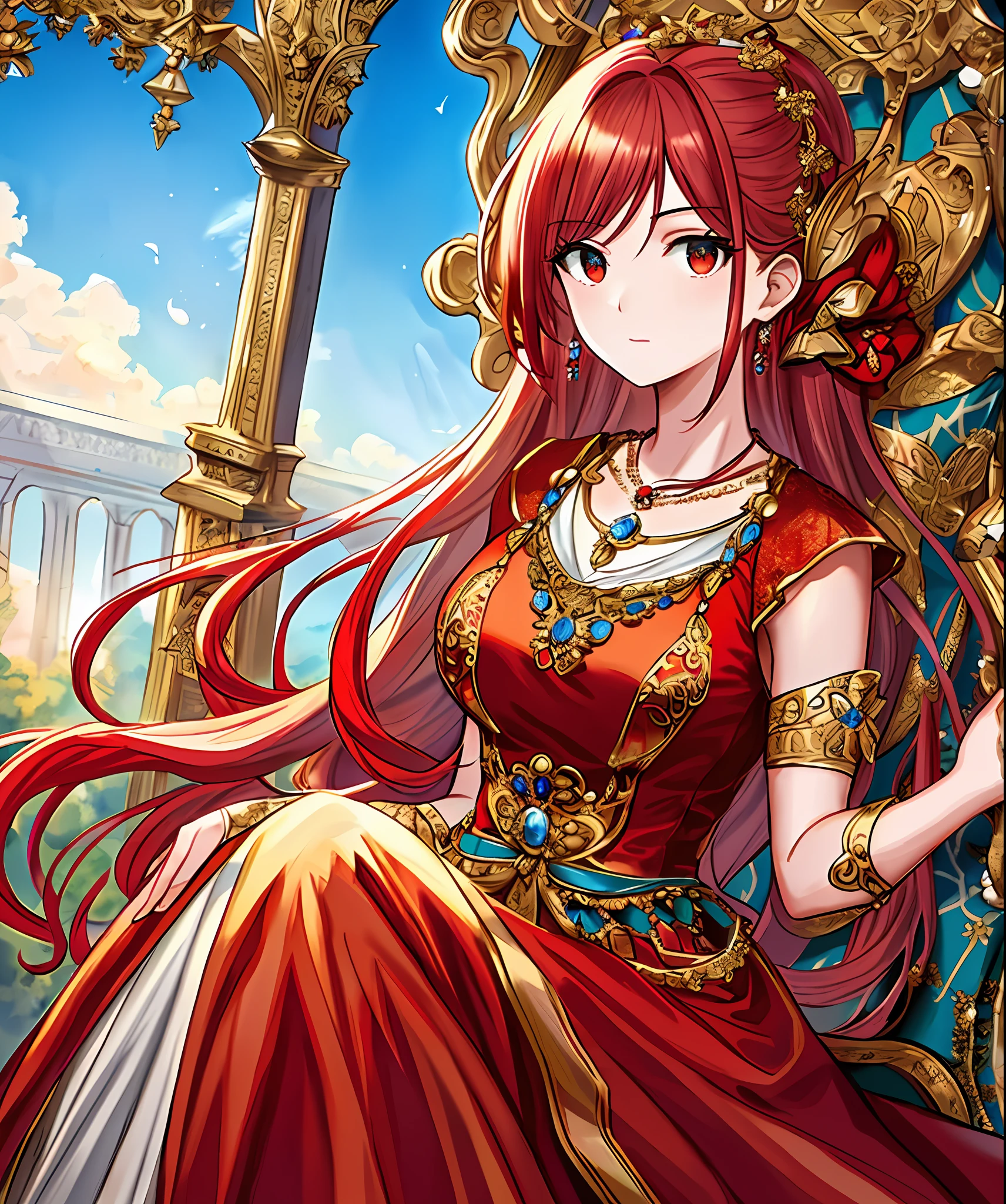 An exquisitely-detailed masterpiece of a girl with striking red hair, stunningly adorned in traditional dress and a gorgeous necklace, set against a beautiful blue sky backdrop with intricate details at every angle.