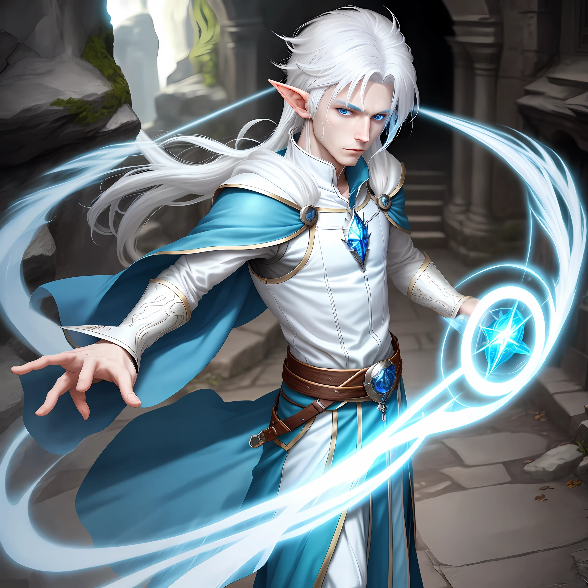Elf, white hair, male with 17 years,light blue eyes,white skin color, sorcerer, rpg character