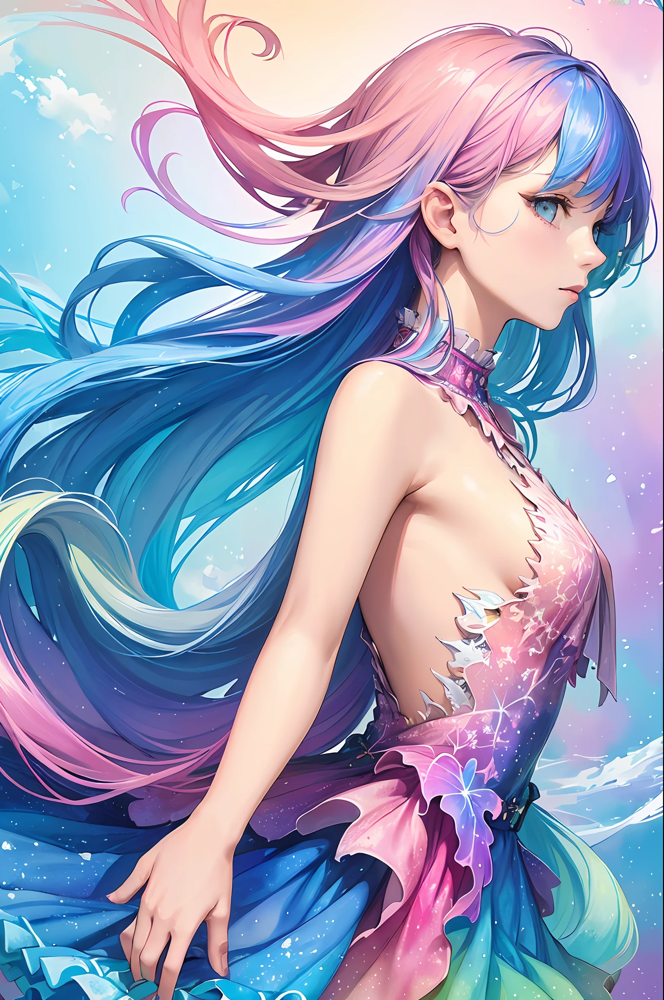 (masterpiece, top quality, best quality,watercolor (medium),official art, beautiful and aesthetic:1.2),(1girl:1.3), (fractal art:1.3),upper body, from side, looking at viewer,patterns,(rainbow color Hair,colorful hair,half blue and half pink hair:1.2),water,liquid, cloud,colorful, starry,stars,