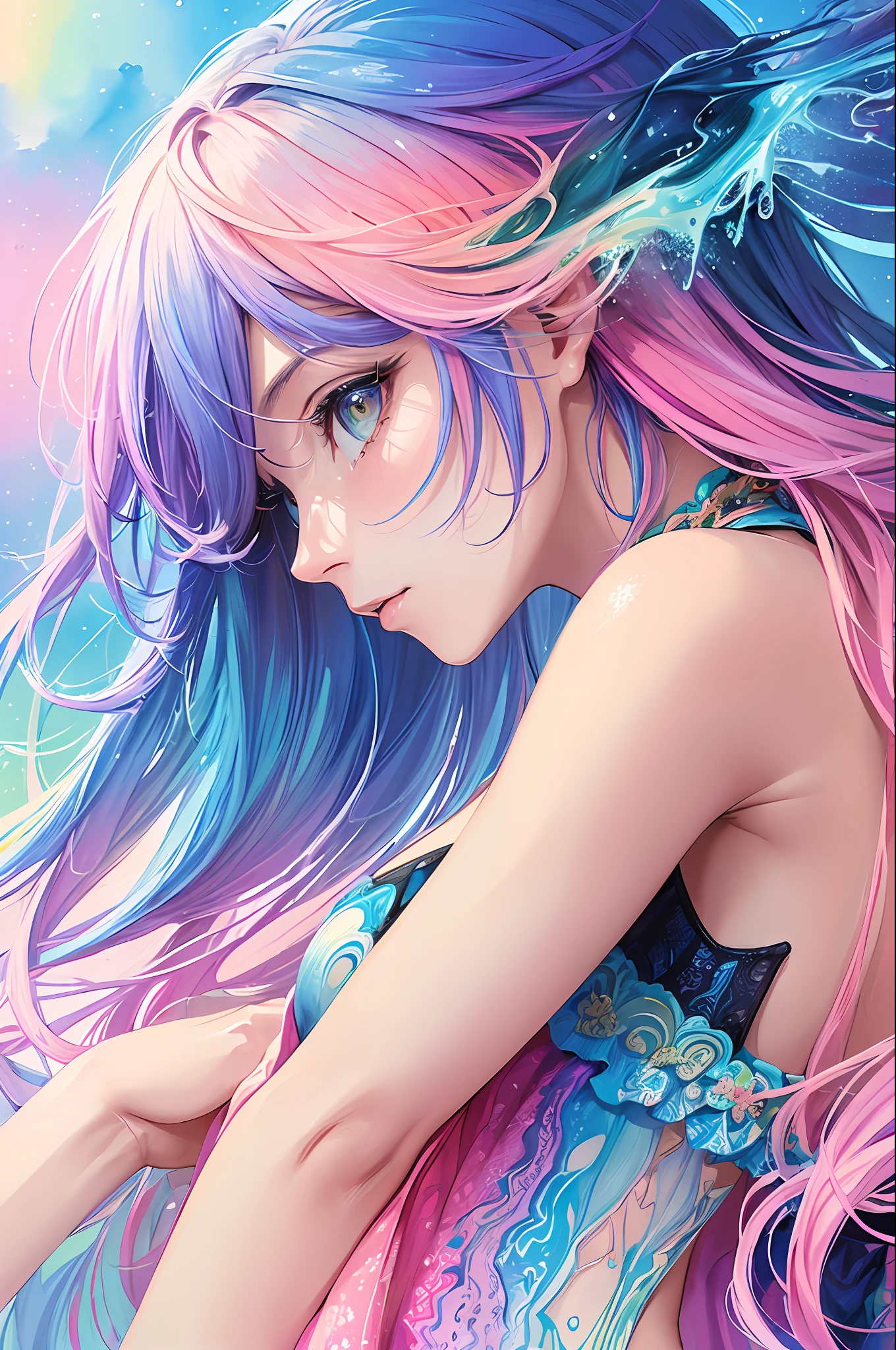 (masterpiece, top quality, best quality,watercolor (medium),official art, beautiful and aesthetic:1.2),(1girl:1.3), (fractal art:1.3),upper body, from side, looking at viewer,patterns,(rainbow color Hair,colorful hair,half blue and half pink hair:1.2),water,liquid, cloud,colorful, starry,stars,