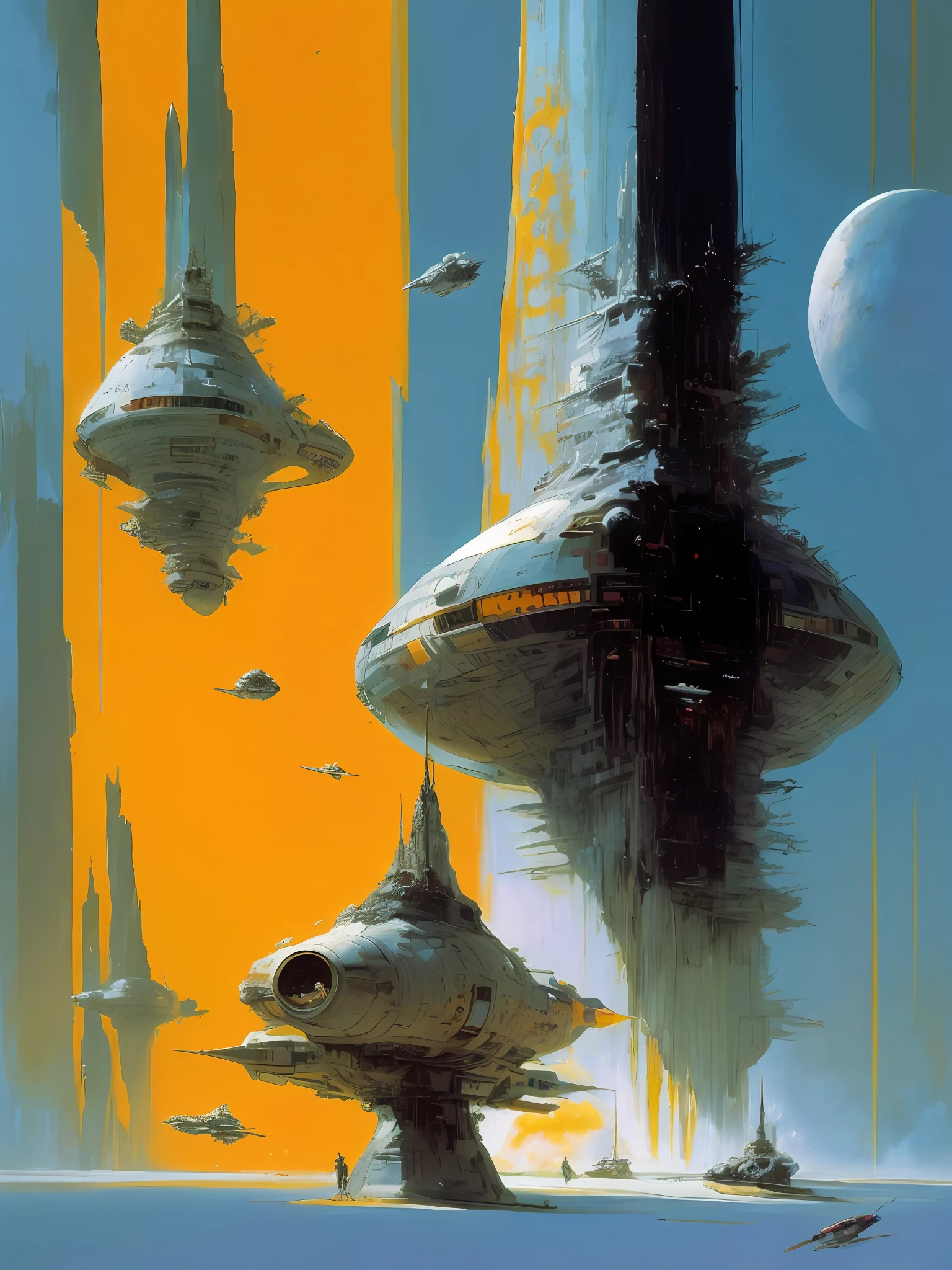 by John Berkey colorful space, organic spaceships, photorealistic space station, space traffic, celestial bodies, volumetric lighting, Syd Mead, Frank Frazetta, John Berkey, brutalism