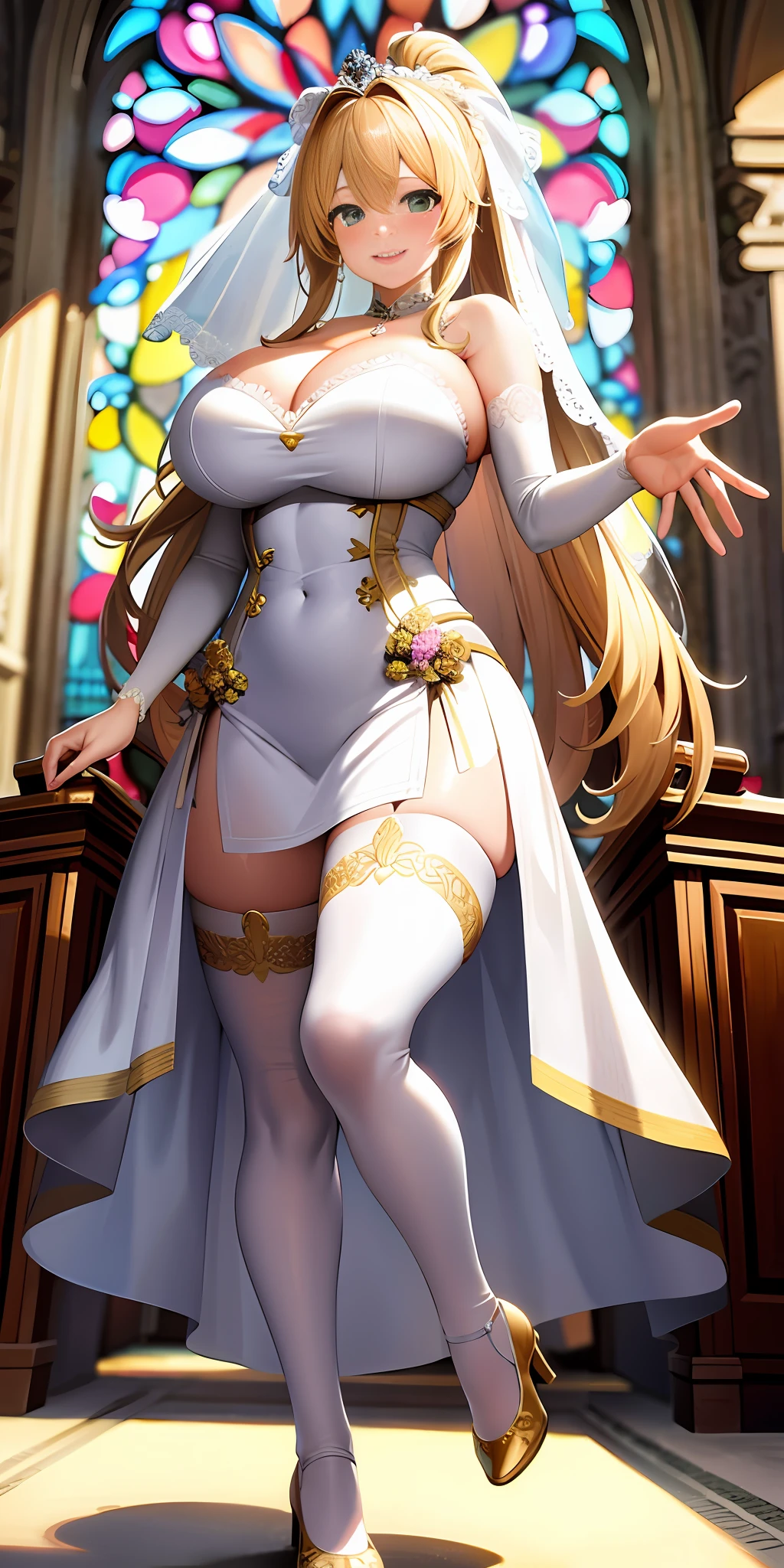 masterpiece, best quality, official art, (extremely detailed CG unity 8k wallpaper), detailed background, (hand by Guido Daniele:1.1),feet out of frame, first-person view, 1 mature girl,(curvy),(standing),(holding white bridal bouquet:1.14),(outstretched hand,Palm facing upward:1.14),(bride, bridal veil, bridal gauntlets, wedding dress, bridal garter, bridal legwear, white thighhighs:1.12),(blonde long hair:1.12), (ahoge:1.13), (high ponytail:1.12), (green eyes:1.13), looking at viewer, huge breasts,(cleavage),beautiful face,(blush:1.11),(smile:1.11), indoor, (Wedding ceremony), church, (Sunlight streaming in through stained glass), (crowd),