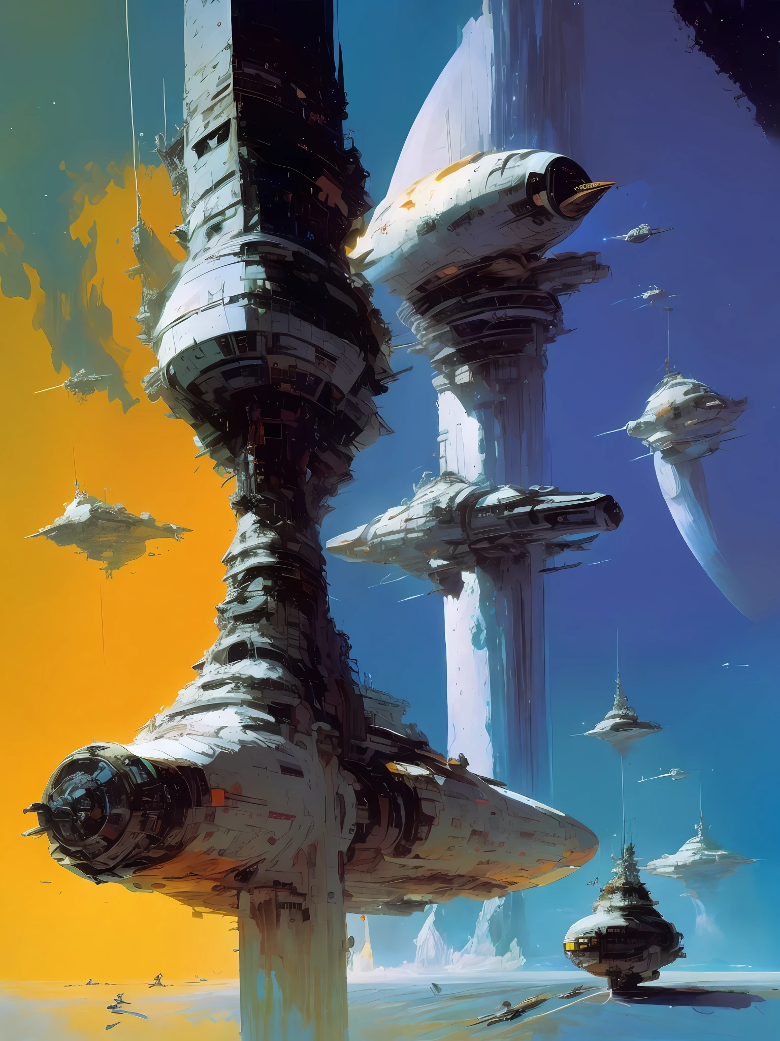 by John Berkey colorful space, organic spaceships, photorealistic space station, space traffic, celestial bodies, volumetric lighting, Syd Mead, Frank Frazetta, John Berkey, brutalism