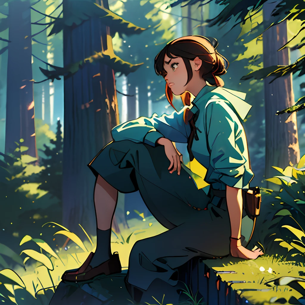 (best quality, masterpiece:1.3), 1girl, sitting, forest, side view