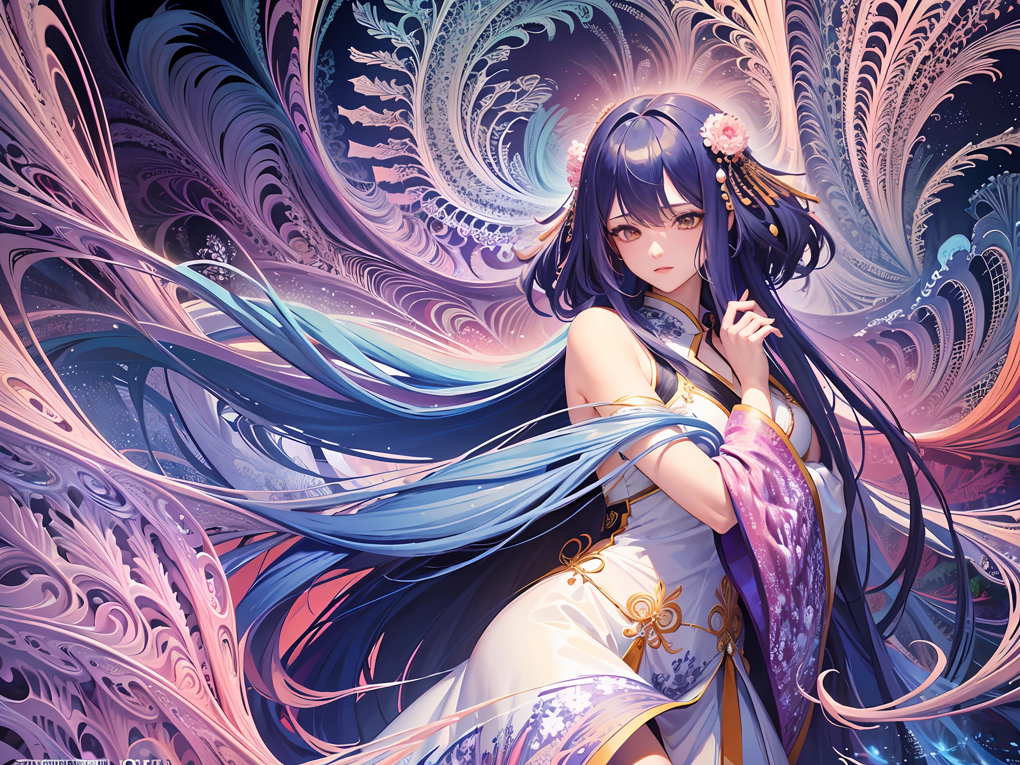 (masterpiece, top quality, best quality, official art, beautiful and aesthetic:1.2), (1girl),extreme detailed,(fractal art:1.5),colorful,highest detailed,[blue Feather| Purple Feather]hair, very long hair,(Scattered), (flowing hair:1.5),Hair Background,hanfu,Bare shoulders,(collarbone:0.9),white dress, hanfu,tang style,