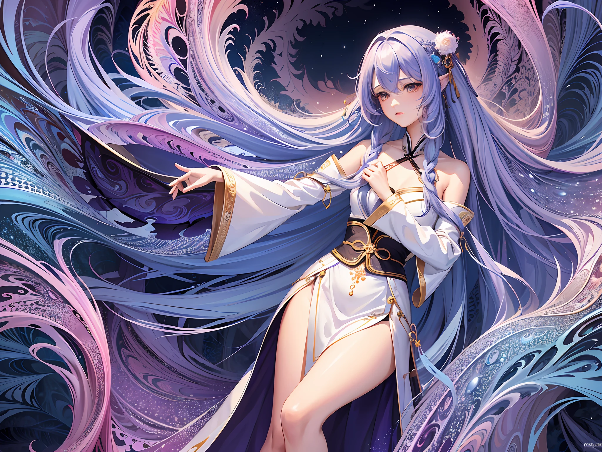 (masterpiece, top quality, best quality, official art, beautiful and aesthetic:1.2), (1girl),extreme detailed,(fractal art:1.5),colorful,highest detailed,[blue Feather| Purple Feather]hair, very long hair,(Scattered), (flowing hair:1.5),Hair Background,hanfu,Bare shoulders,(collarbone:0.9),white dress, hanfu,tang style,