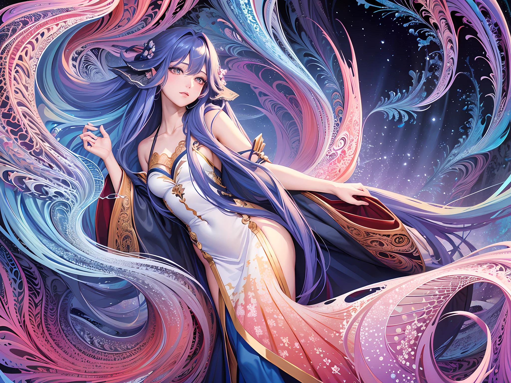 (masterpiece, top quality, best quality, official art, beautiful and aesthetic:1.2), (1girl),extreme detailed,(fractal art:1.5),colorful,highest detailed,[blue Feather| Purple Feather]hair, very long hair,(Scattered), (flowing hair:1.5),Hair Background,hanfu,Bare shoulders,(collarbone:0.9),white dress, hanfu,tang style,