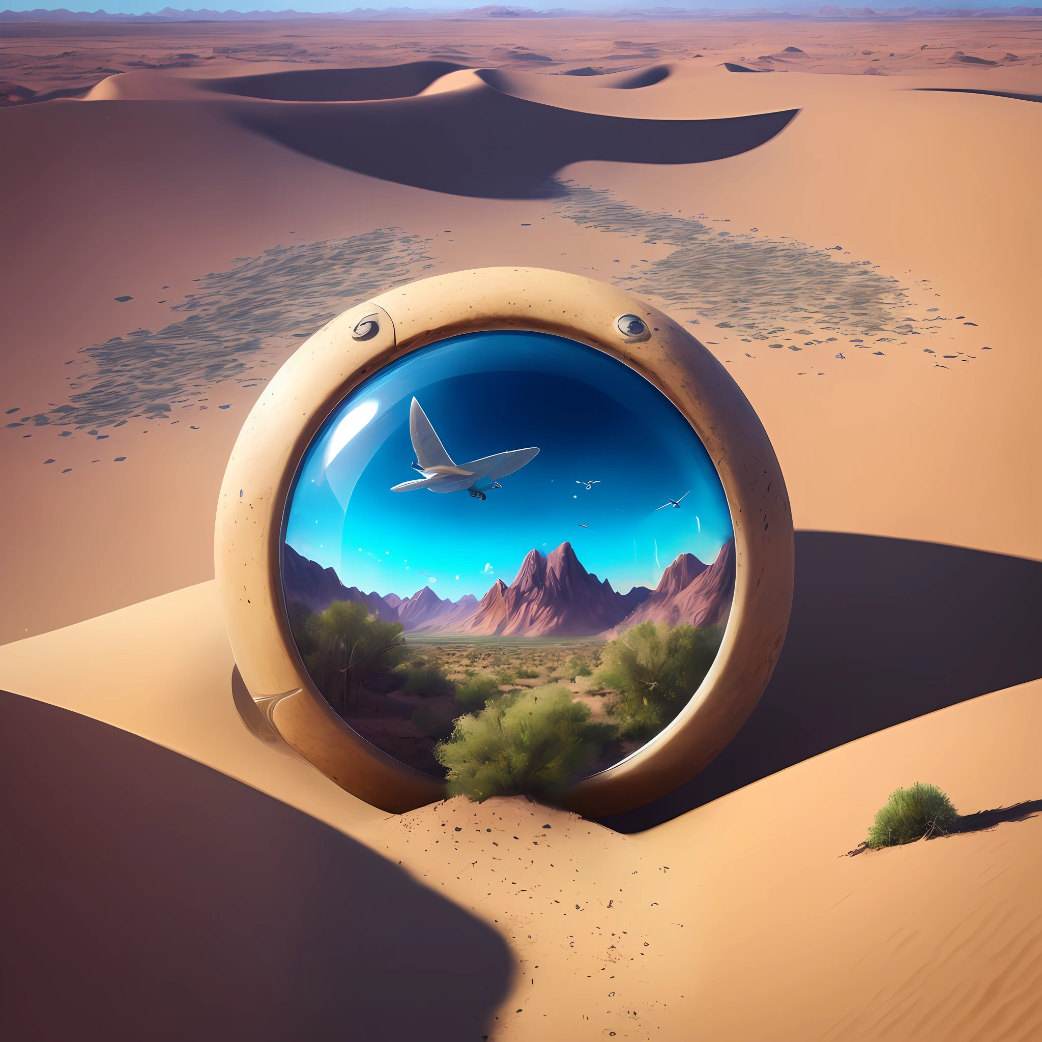 photo of, environmental protection inside a drop, desert scenery in the background, inspiration in the works of the artist ʀᴏss ᴛʀᴀɴ, rossdraws, best quality, high quality, highres, high resolution fix